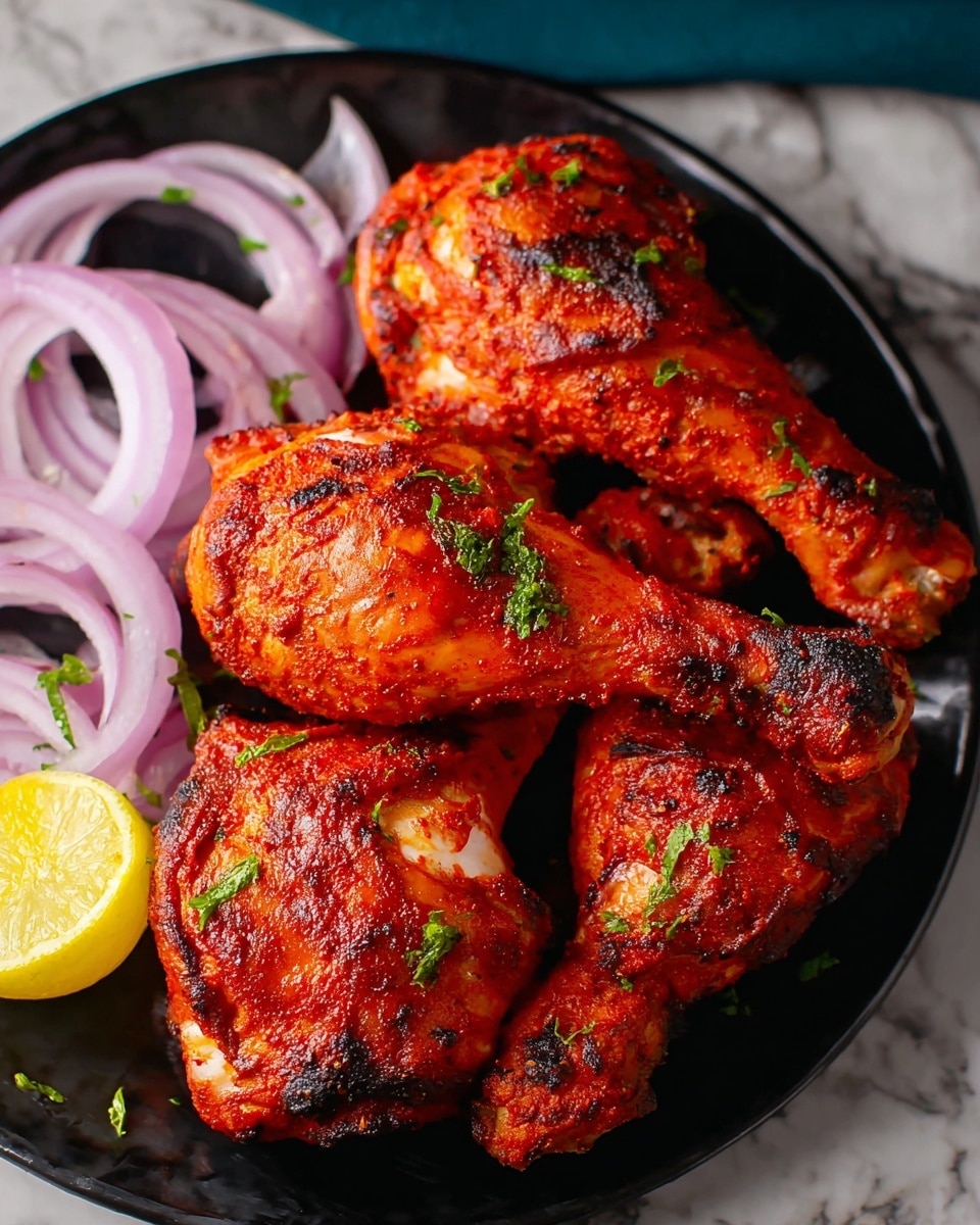 The image shows a black round plate filled with four pieces of bright red grilled chicken legs that have a slightly crispy and spiced surface, garnished with small green herb bits. On the left side of the plate, there are several thin, curved purple and white onion slices, and near the bottom, a yellow lemon wedge is placed partly on the plate. The black plate sits on a white marbled surface, with the food arranged closely and filling most of the plate area. Photo taken with an iphone --ar 4:5 --v 7