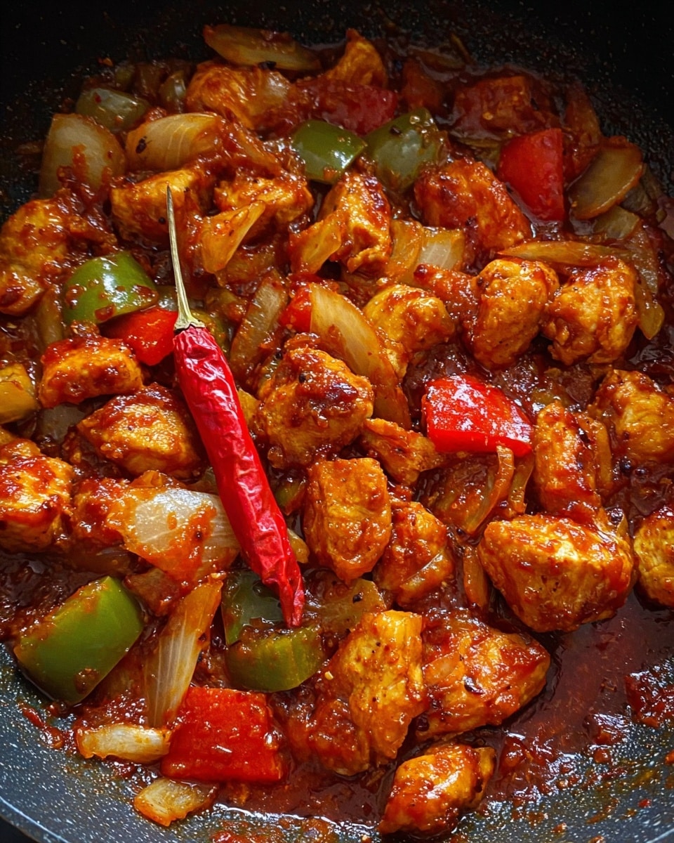 The dish is a thick mix of cooked chicken pieces, bell peppers, and onion chunks, all coated in a rich, glossy reddish sauce. The chicken chunks are golden-brown with a slightly charred texture, scattered throughout the pan. There are vibrant red and green bell pepper pieces adding bright pops of color among the soft, translucent onion segments that have a shiny surface. A whole red chili can be seen lying on top, adding a touch of sharp red. The ingredients are resting in a dark cooking pan, with the glossy sauce pooling slightly around them without losing its thick consistency. Photo taken with an iphone --ar 4:5 --v 7