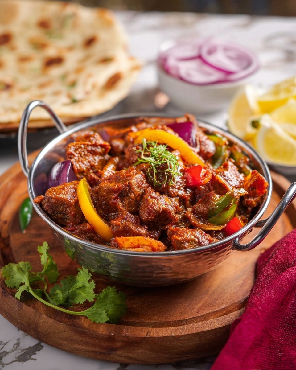 A shiny silver bowl filled with a richly colored curry featuring multiple layers of chunky pieces of marinated meat and vegetables, including red and yellow bell peppers and purple onion slices, all coated in a thick reddish-brown sauce, topped with a small green herb garnish; the bowl sits on a round wooden board with some cilantro leaves beside it, a folded flatbread partially visible on the left, a small white bowl of sliced red onions and lemon wedges in the blurred background, all set on a white marbled texture surface with a red cloth in the bottom right corner; photo taken with an iphone --ar 4:5 --v 7