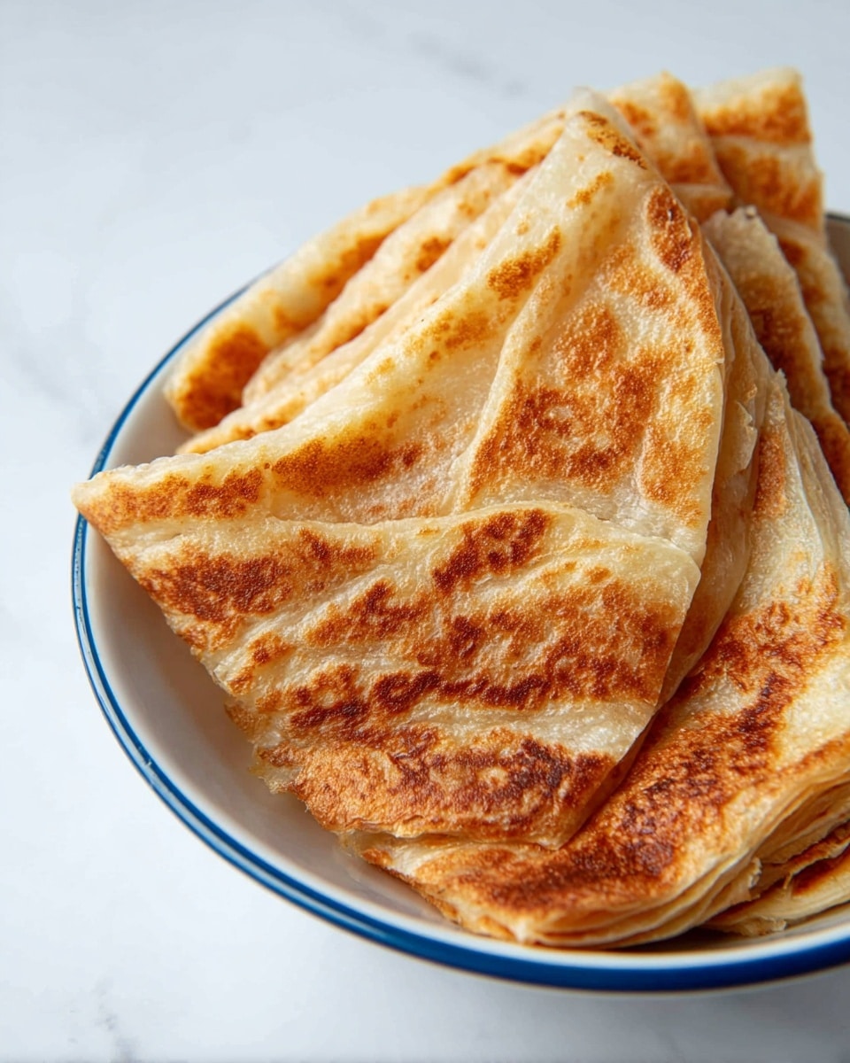 A close-up of several flat, folded pieces of layered bread with a golden-brown, crispy texture on the top, showing the creased and flaky layers clearly. The bread is arranged in a white bowl with a thin blue rim, placed on a white marbled surface. The layers have a mix of light beige and toasted brown colors, giving the bread a warm and inviting look. Photo taken with an iphone --ar 4:5 --v 7