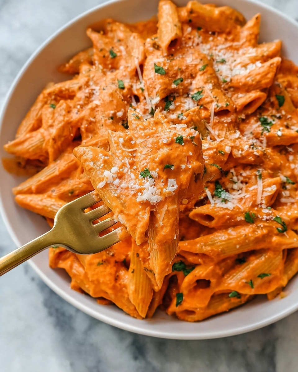 A close-up view of a white bowl full of pasta with a thick, creamy orange-red sauce covering each penne piece evenly, giving a rich and smooth texture. The pasta is topped with small bits of green herbs and finely grated white cheese sprinkled lightly across the surface. A golden fork holds several pieces of pasta coated in sauce slightly lifted from the bowl. The bowl sits on a white marbled surface. photo taken with an iphone --ar 4:5 --v 7