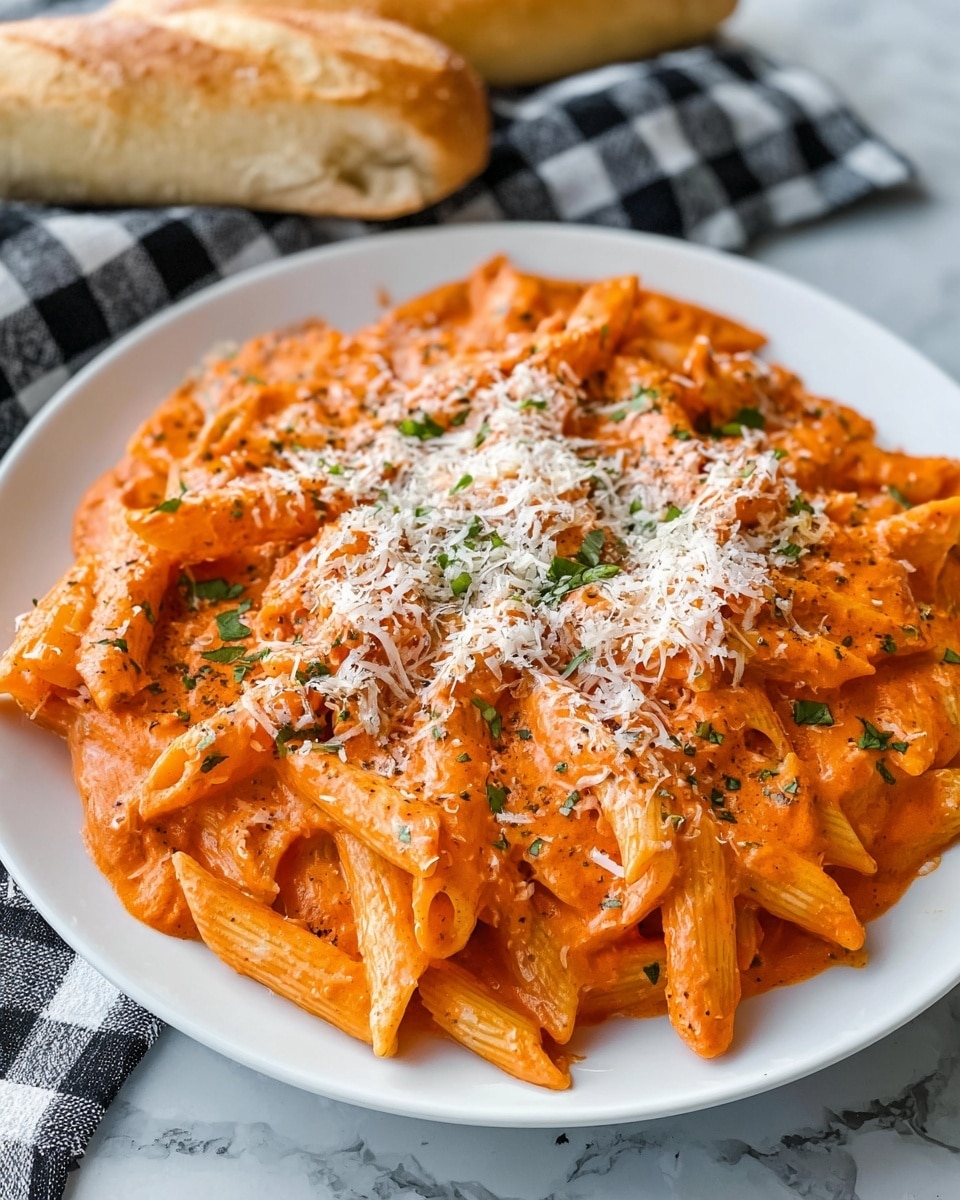 A white plate filled with penne pasta covered in a rich, creamy orange-red sauce. The pasta is fully coated with the sauce, creating a thick, smooth layer over the ridged penne pieces. On top, there is a generous layer of finely grated white cheese sprinkled evenly, along with small bits of chopped green herbs scattered for color contrast. A white baguette rests beside the plate on a white marbled surface, with a black and white checkered cloth partially visible in the background. photo taken with an iphone --ar 4:5 --v 7