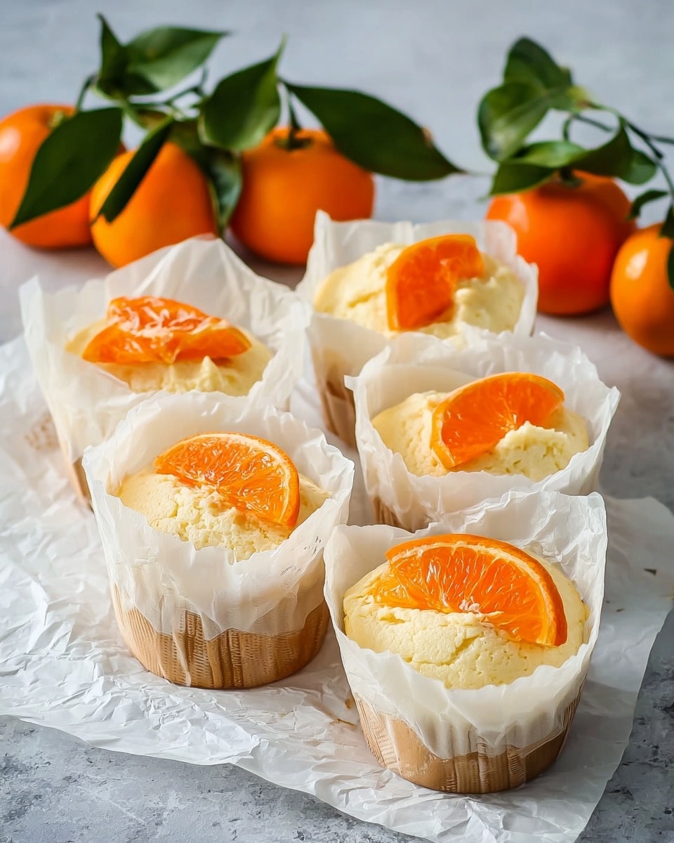 There are five cupcakes wrapped in crinkled white parchment paper, each topped with a bright orange slice that looks juicy and fresh. The cupcakes have a soft, creamy yellow texture with a slightly rough surface. Behind the cupcakes, you can see three whole bright orange mandarins with green leaves attached, adding a fresh and natural look. The whole scene is set on a white marbled texture, which adds a clean and elegant background. photo taken with an iphone --ar 4:5 --v 7