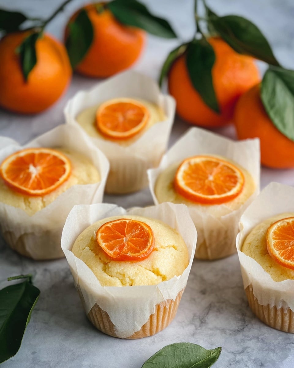 The image shows several light yellow cupcakes wrapped in white parchment paper, each topped with a single bright orange slice placed in the center. The cupcakes have a soft and slightly uneven texture on top. Behind the cupcakes, there are whole fresh oranges with green leaves, all set on a white marbled surface. The scene is bright and clear, highlighting the freshness and citrus detail of the cupcakes. photo taken with an iphone --ar 4:5 --v 7