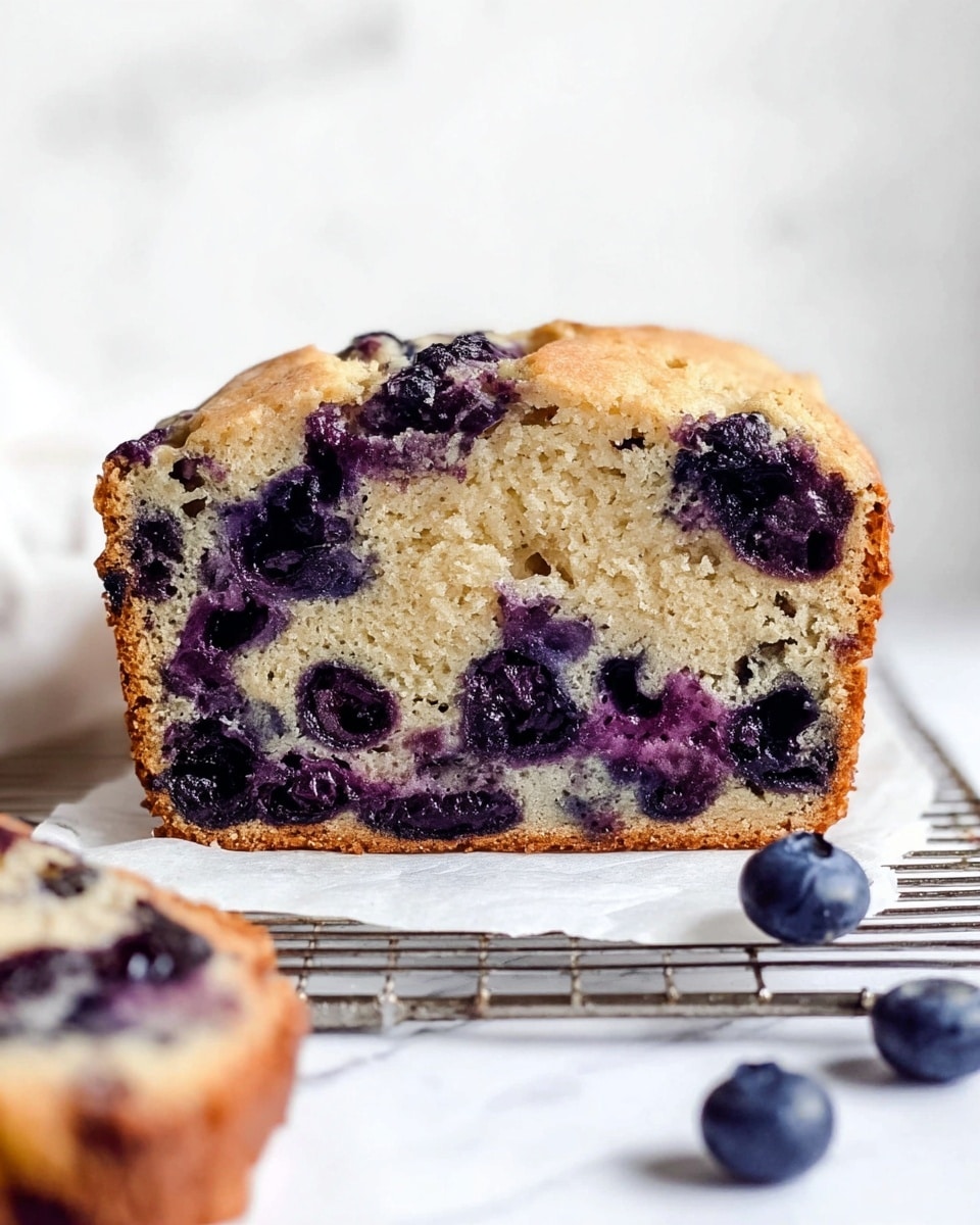 A thick slice of blueberry bread with a light golden brown crust sits on a white paper on a silver wire cooling rack, placed on a white marbled surface. The bread’s inside shows two main layers: a soft, light beige cake base and many plump, dark purple blueberries unevenly spread throughout. The juicy blueberries create deep purple patches, some almost black, contrasting with the pale cake. On the right side, a few whole blueberries rest gently on the marbled surface, adding to the fresh look. In the bottom left foreground, part of another blueberry bread slice is slightly blurred. The background is clean and white, emphasizing the bread’s texture and colors. Photo taken with an iphone --ar 4:5 --v 7