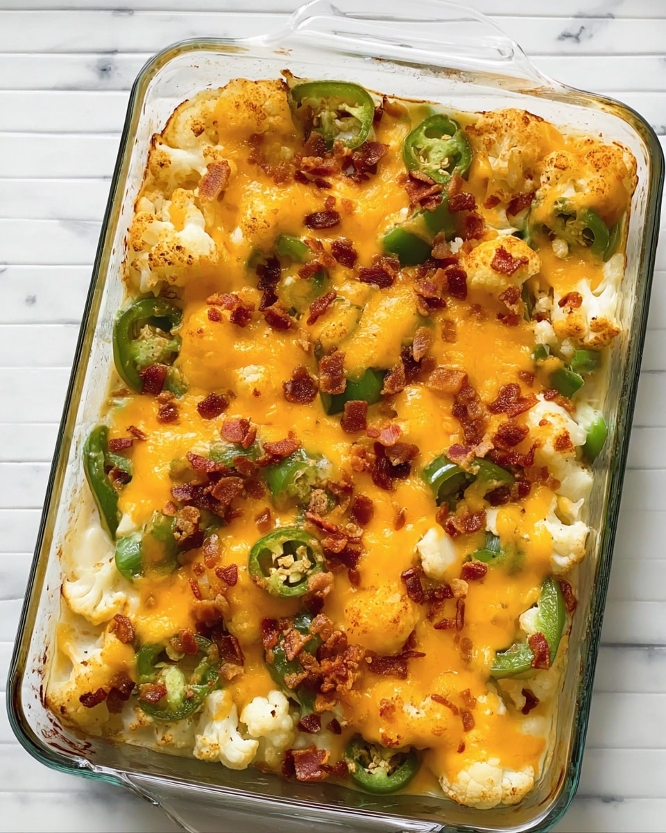 A clear glass baking dish filled with a casserole showing three main layers: the bottom layer is made of green bell pepper slices, the middle layer has white cauliflower pieces, and the top layer is melted orange cheddar cheese with small, crispy bacon bits scattered all over. The cauliflower looks slightly roasted with small brown spots, and the jalapeño pieces add a bright green color among the cheese and cauliflower. The baking dish sits on a white marbled surface. photo taken with an iphone --ar 4:5 --v 7