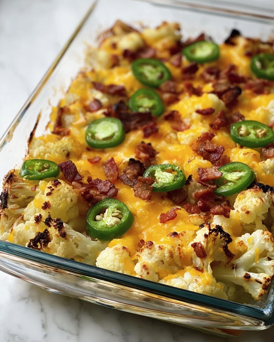 A clear glass baking dish filled with a baked dish showing three visible layers: the bottom layer is made of roasted cauliflower florets with some brown charred spots; the middle layer consists of bright yellow melted cheddar cheese spread unevenly; the top layer has slices of green jalapeño peppers and small pieces of crispy cooked bacon scattered across. The baking dish edges show golden brown baked spots. The dish rests on a white marbled surface. Photo taken with an iphone --ar 4:5 --v 7