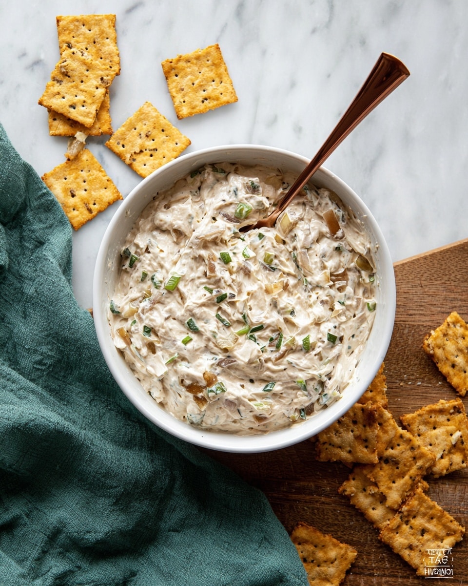 A white bowl filled with a creamy, thick dip that has a light beige color with visible small chunks of green herbs and bits of what looks like cooked onions mixed throughout, creating a slightly textured surface. The bowl sits on a white marbled surface, with a copper spoon placed inside the dip on the left side. Surrounding the bowl are several square, thin, crispy crackers with visible black seeds on the surface, scattered casually. A green cloth napkin is draped casually near the bowl on the left side. Photo taken with an iphone --ar 4:5 --v 7