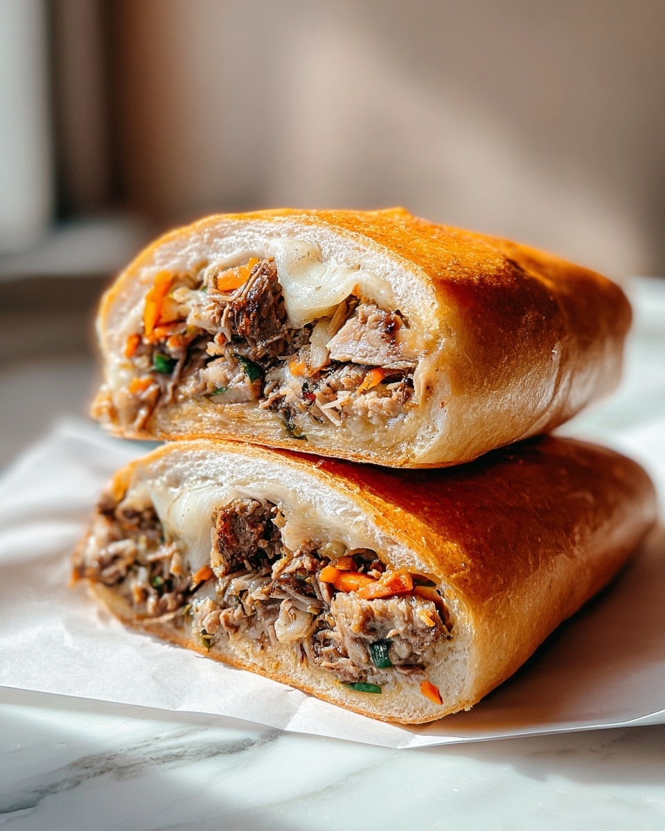 A close-up of a sandwich cut in half and stacked, showing two layers inside a soft, golden-brown bread roll. The first layer inside is filled with tender, cooked shredded meat that is slightly crispy with dark brown edges and mixed with small pieces of orange and green vegetables. The second layer contains melted, creamy cheese blending with the meat and vegetables, creating a textured and juicy look. The sandwich is placed on white paper against a white marbled surface with warm light highlighting its detailed textures and colors. photo taken with an iphone --ar 4:5 --v 7