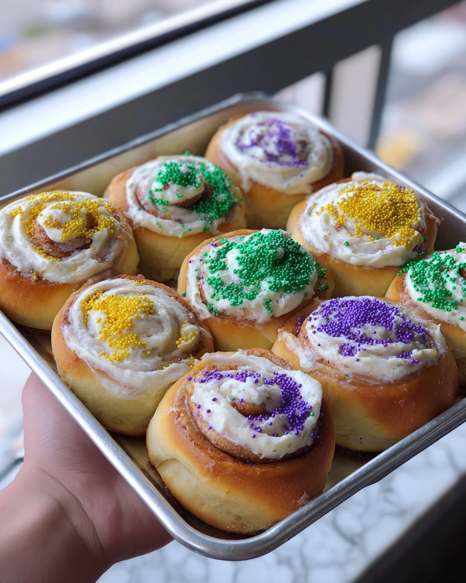 The image shows a metal tray holding twelve cinnamon rolls with a light golden brown color. Each cinnamon roll has one thick layer of white cream frosting spread on top. The frosting is decorated with three colors of coarse sugar sprinkles—yellow, green, and purple—arranged in different patches or swirls across each roll. The tray is held by a person near a window, and the background uses a white marbled texture. photo taken with an iphone --ar 4:5 --v 7