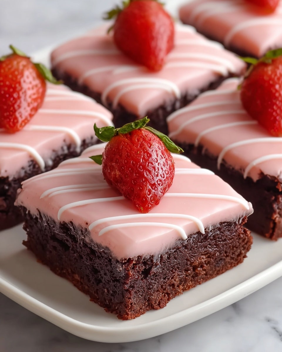 A close-up view of six square brownies arranged on a white plate sitting on a white marbled surface. Each brownie has three layers: a dark brown, moist, and textured chocolate base; a smooth, pale pink frosting layer on top; and thin, white icing lines drizzled diagonally over the pink frosting. Each brownie is topped with a whole, fresh red strawberry with green leaves, positioned in the center. The focus is on the front brownie, showing details of the cake crumb and glossy strawberry. photo taken with an iphone --ar 4:5 --v 7