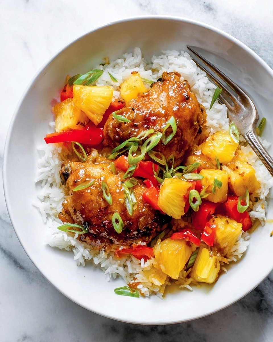 A white shallow bowl holds a dish with three main layers: the bottom layer is white, fluffy rice evenly spread across the bowl; on top of the rice are two golden brown, crispy chicken thighs glazed with a shiny, sticky sauce; scattered across the chicken and rice are bright yellow pineapple chunks and red bell pepper slices, adding vibrant color and texture; thin green slices of scallions are sprinkled on top for a fresh touch; a silver fork rests on the edge of the bowl; the bowl sits on a white marbled surface. photo taken with an iphone --ar 4:5 --v 7