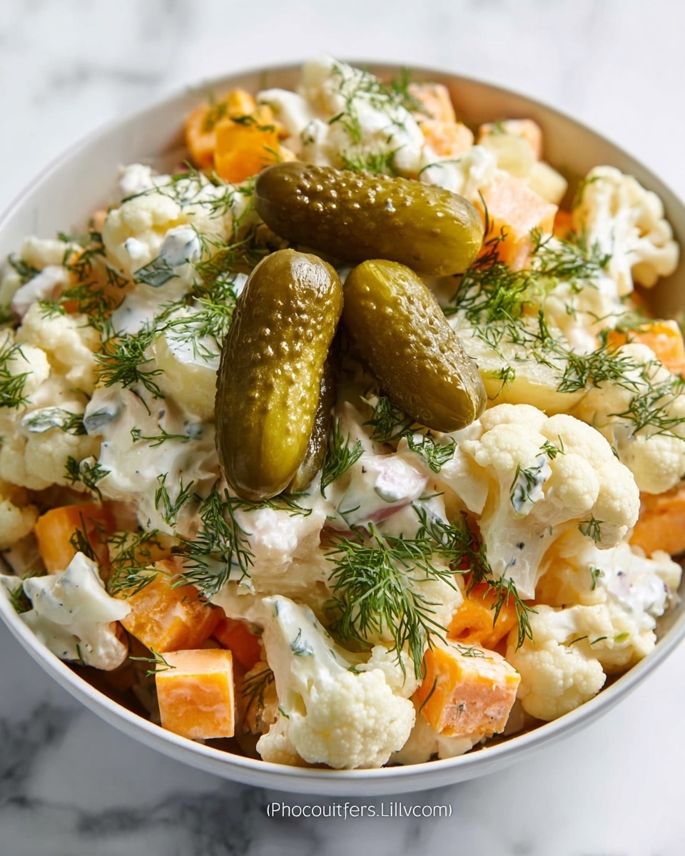 A white bowl filled with a mixed salad that has three clear layers: the bottom layer is light orange small cubes of cheddar cheese; the middle layer consists of white cauliflower florets with a creamy dressing and small green dill leaves sprinkled throughout; the top layer has green pickle slices and two whole small pickles placed on top, all resting closely and mixed in the bowl, set on a white marbled surface. photo taken with an iphone --ar 4:5 --v 7