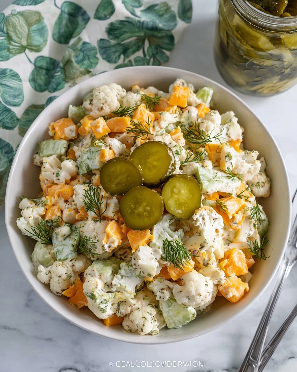 A white bowl filled with a creamy cauliflower salad is shown from above on a white marbled surface. The salad has several layers with white cauliflower pieces as the base, mixed with small, bright orange cheddar cheese cubes and round, green pickle slices. The salad is topped with three whole pickles placed in the center and sprinkled with fresh green dill herbs. A glass jar of pickles is placed near the bowl, and a green and white cloth with leaf patterns is visible in the upper background. The textures are creamy from the dressing coating the cauliflower and cheese, with crunchy pickles providing contrast. photo taken with an iphone --ar 4:5 --v 7