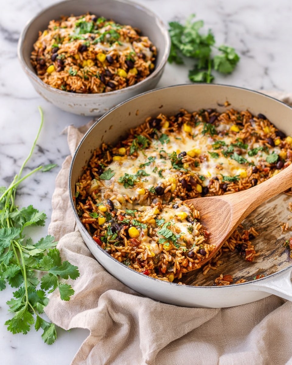 The image shows a white pan filled with a colorful mixed dish that has three main layers: a base of cooked rice mixed with black beans and corn, topped with melted cheese speckled throughout, and garnished with small green leaves of cilantro scattered on top. A wooden spoon rests inside the pan partly scooping some of the food. Behind the pan, there is a white bowl on a white marbled surface containing a similar mixture of rice, black beans, corn, melted cheese, and cilantro leaves. The background is a white marbled texture, and a soft beige cloth and fresh cilantro sprigs are placed around to add a fresh look. photo taken with an iphone --ar 4:5 --v 7