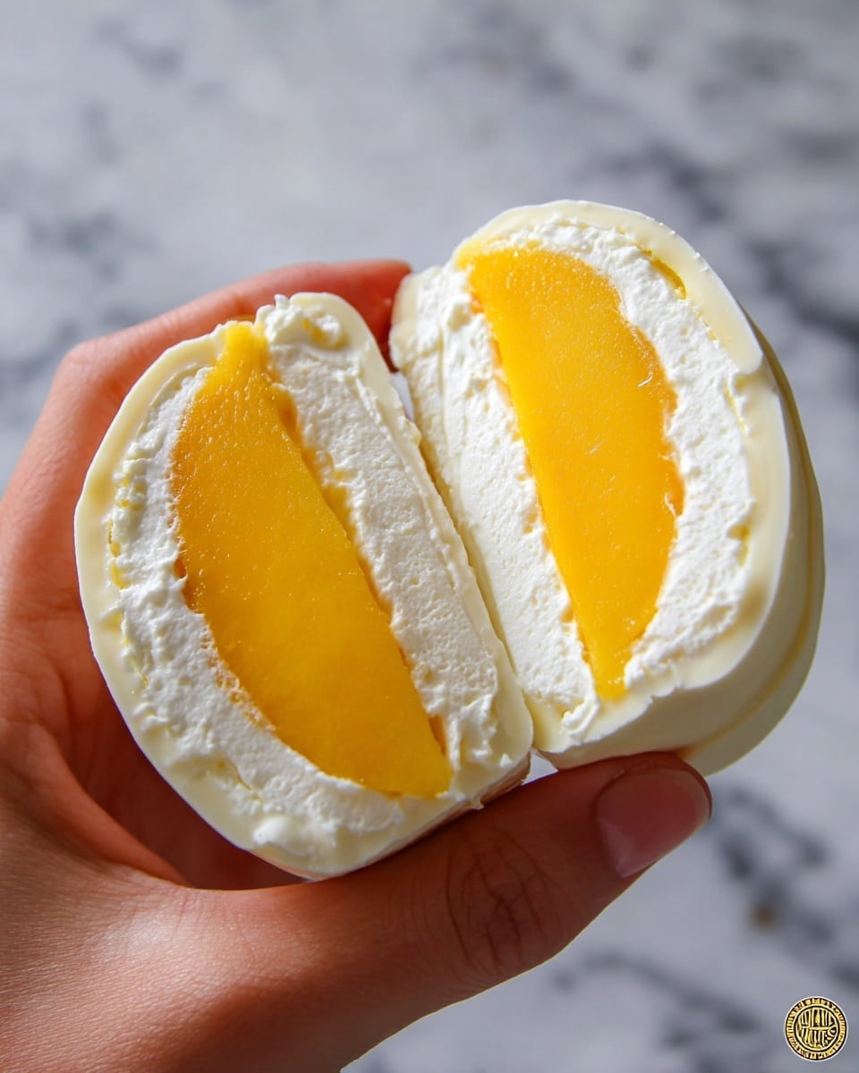 A close-up shot of two halves of a dessert held by a woman's hand featuring four layers: the outermost layer is a smooth, thick white chocolate shell with a glossy finish; inside it is a thick, creamy white whipped layer with a soft and fluffy texture; next to it is a bright yellow mango slice with a smooth and slightly shiny surface, positioned in the middle of each half; the layers are cleanly cut, showing the smooth transition between the white chocolate, whipped cream, and mango slice. The image background is a white marbled texture. photo taken with an iphone --ar 4:5 --v 7
