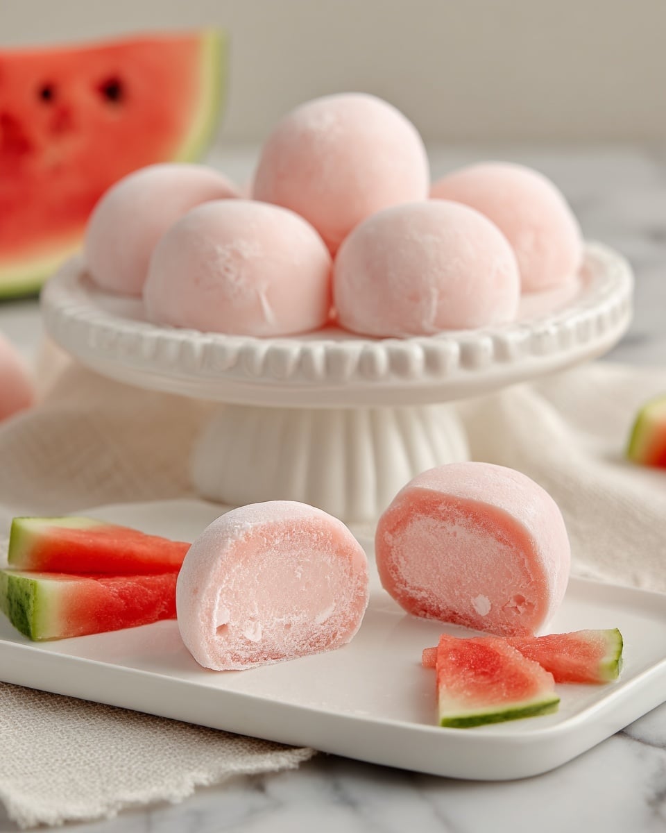 Four round mochi halves are arranged on a white plate with a green wavy texture and a light brown rim, placed on a white marbled surface. Each mochi has two visible layers: a soft, translucent pink inner layer and a white outer layer covered with a fine dusting of powdered sugar. The mochi have a smooth and slightly shiny texture, with a soft and squishy appearance. In the background, blurred slices of watermelon with green rinds and red flesh dotted with black seeds add a fresh and colorful contrast. Photo taken with an iphone --ar 4:5 --v 7
