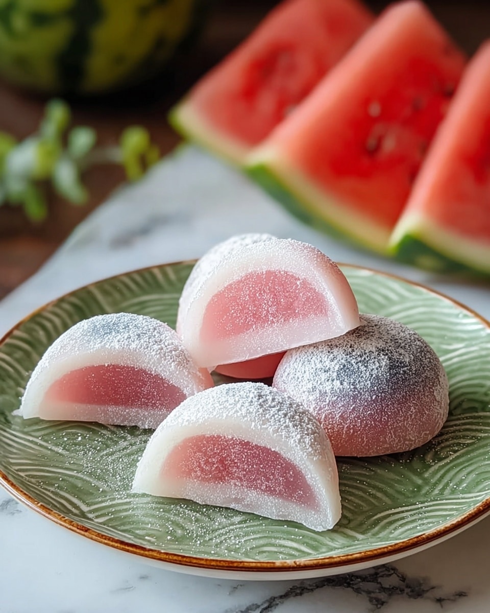 The image shows several soft pink mochi ice cream balls, each with a smooth, powdery surface. One mochi is cut in half and placed in front, revealing a dense, creamy, light pink filling inside the slightly thicker outer mochi layer. The mochi are set on a white fluted pedestal stand, with more whole mochi in the background on a white tray. Around the stand, there are small slices of watermelon with bright red flesh and dark seeds, adding a fresh and colorful touch. The scene is arranged on a white marbled surface with a light-colored cloth in the background. Photo taken with an iphone --ar 4:5 --v 7