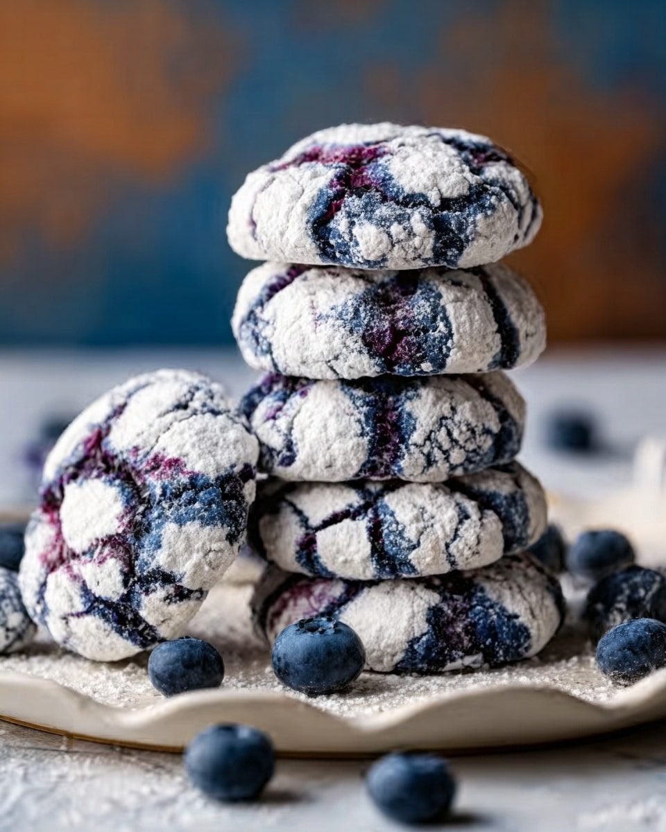 A stack of cracked cookies with a deep blue-purple color is shown on a white plate with floral designs, placed on a white marbled surface. The cookies have a cracked powdered sugar coating that creates a white pattern on their dark blue background. At the top of the stack, one cookie is broken in half, revealing a soft and moist texture inside with purple spots. Around the stack, four whole cookies lay scattered, emphasizing their round shape and cracked surface. A blue cloth is blurred in the background. photo taken with an iphone --ar 4:5 --v 7