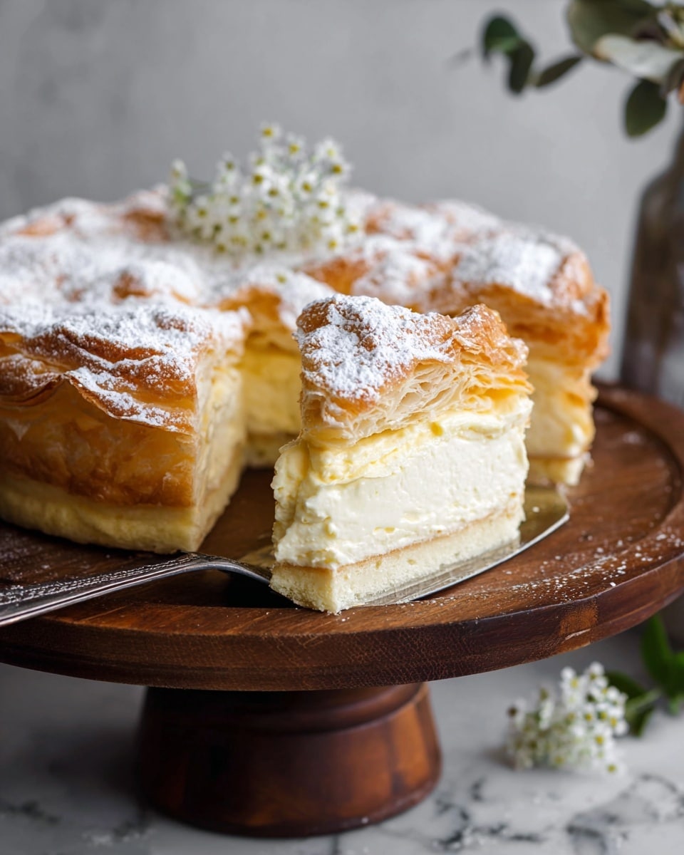 This image shows a slice of cream-filled puff pastry cake on a wooden cake stand. The cake has three layers: a golden brown, airy puff pastry bottom layer; a thick, smooth, pale yellow cream middle layer; and a fluffy, lightly browned puff pastry top layer dusted with powdered sugar. The puff pastry layers have a crisp and textured look with visible air pockets, while the cream layer looks velvety and creamy. The background features a blurred white marbled texture with a hint of greenery. Photo taken with an iphone --ar 4:5 --v 7