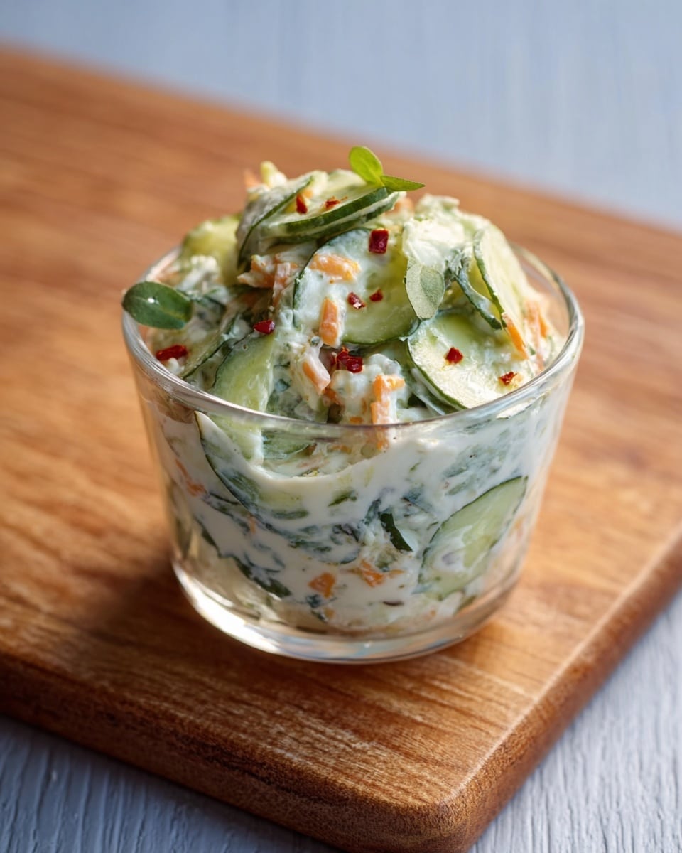 A white bowl filled with thinly sliced cucumbers mixed with thin slices of red onion, all coated lightly in a clear dressing. The cucumber slices are pale green with darker green edges, and the red onion adds touches of light purple. The salad is sprinkled lightly with black pepper and some small seasoning bits. The bowl rests on a white marbled surface. Photo taken with an iphone --ar 4:5 --v 7