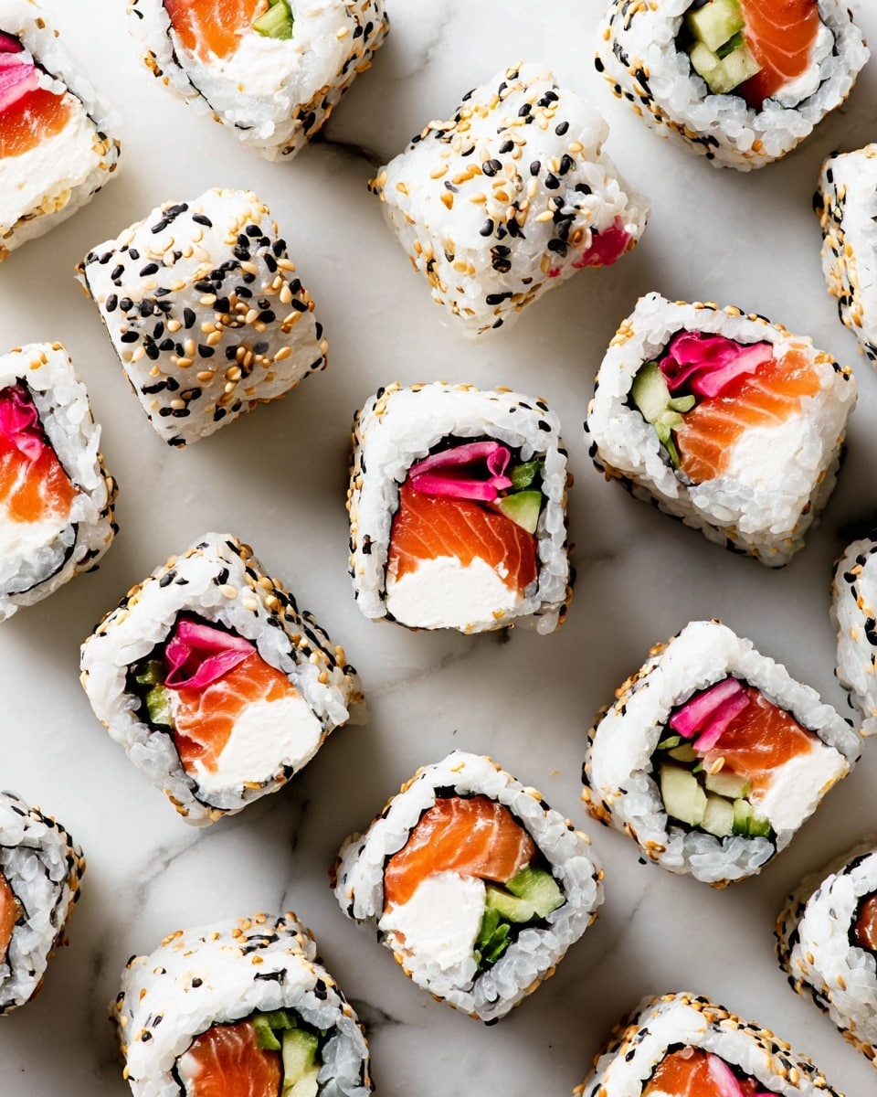 Several sushi rolls are scattered on a white marbled surface. Each sushi piece has three main layers: the outer layer is sticky white rice speckled with black and white sesame seeds, the middle layer is a thin sheet of dark seaweed, and the inner layer is filled with an orange slice of raw salmon, a white creamy layer of cream cheese, small green cucumber sticks, and pink pickled radish pieces. The sushi rolls are cut into even, bite-sized pieces showing the colorful and fresh fillings inside, with some arranged flat and others standing on their side. Photo taken with an iphone --ar 4:5 --v 7