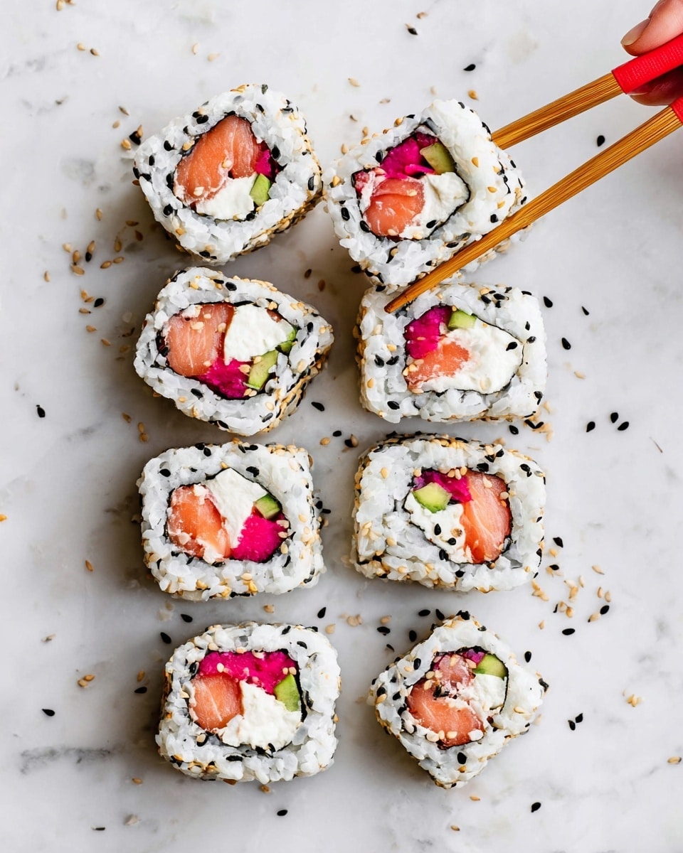 The image shows eight sushi rolls arranged loosely on a white marbled surface. Each sushi roll has three layers: an outer layer of white rice speckled with black and white sesame seeds, a middle thin black seaweed layer, and an inner filling with smooth light pink salmon, soft white cream cheese, small bright green cucumber pieces, and vibrant magenta pickled radish strips. One of the sushi rolls is being held by a pair of wooden chopsticks with red tips from the top right corner. Scattered around the sushi pieces are loose black and white sesame seeds. photo taken with an iphone --ar 4:5 --v 7