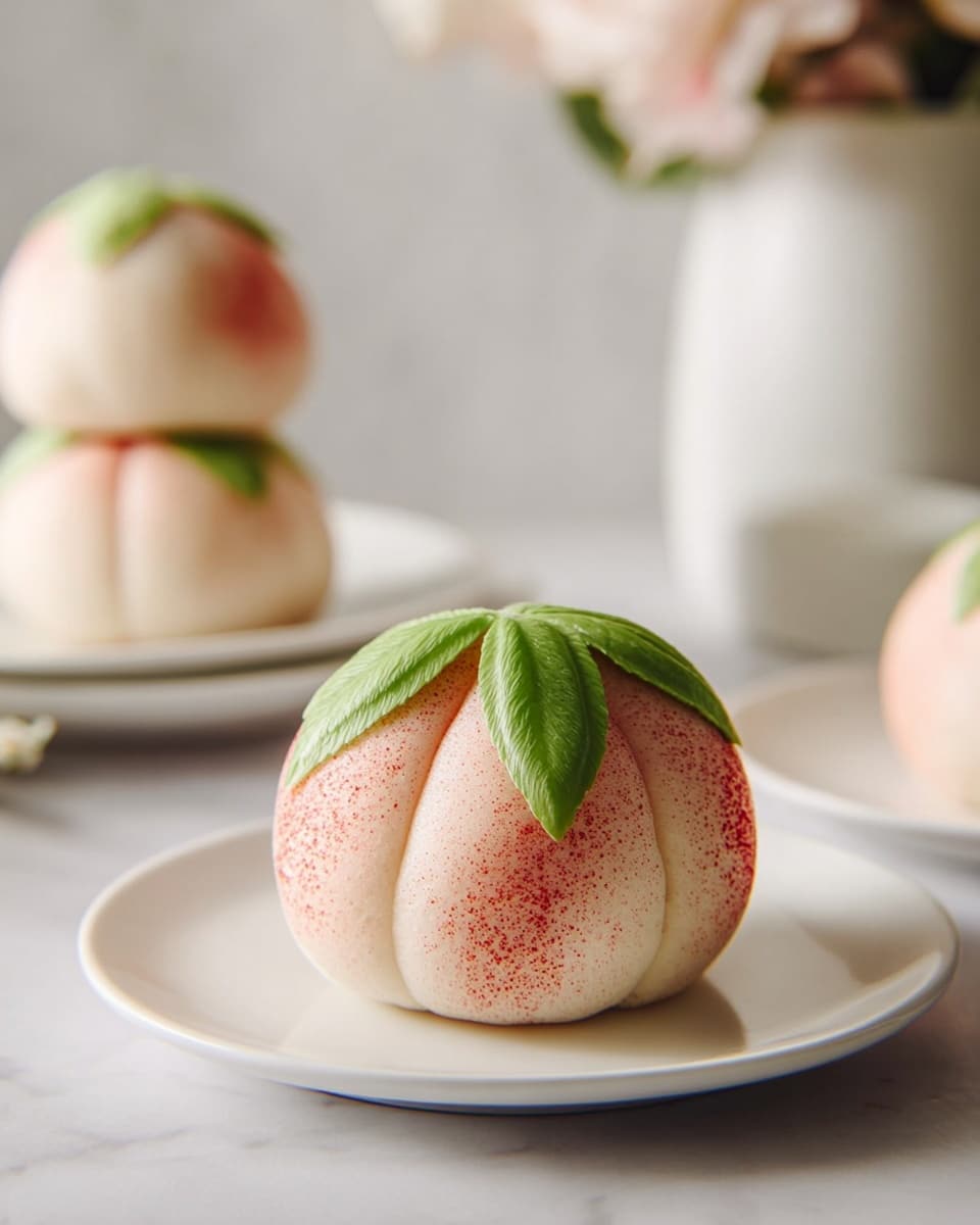 A peach-shaped bun is placed in the center of a white plate on a white marbled surface, featuring a round shape with three soft, pale pink segments speckled with red dots to mimic a peach’s skin texture; each segment is separated by fine lines, while the base of the bun is wrapped with two bright green leaves that have visible veins, adding a fresh and natural detail. In the background, a stack of three similar peach buns is slightly out of focus, emphasizing the main bun in front. Soft, warm lighting highlights the smooth and slightly shiny texture of the buns, and a blurred white vase with soft pink flowers adds a gentle touch to the scene. Photo taken with an iphone --ar 4:5 --v 7