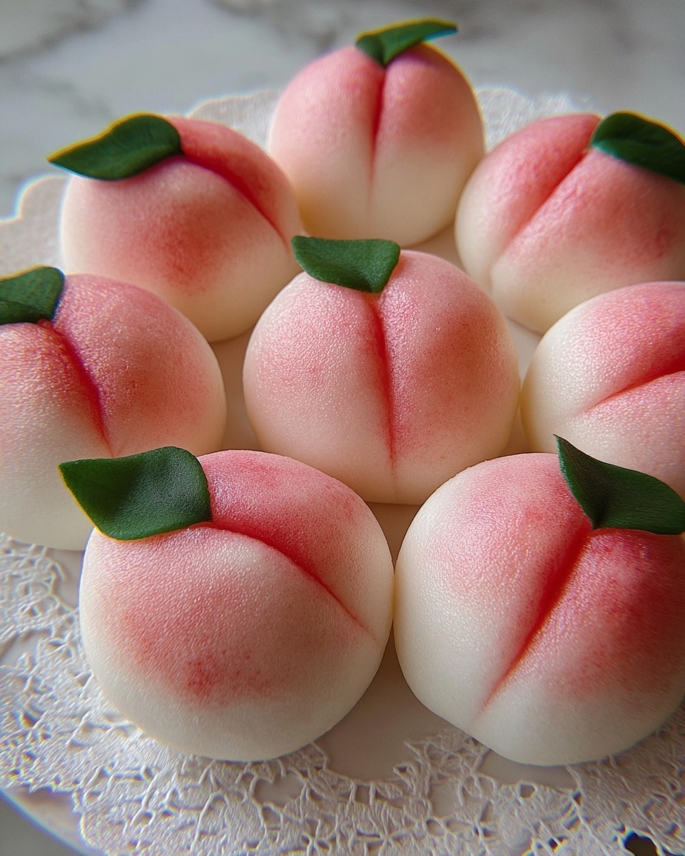 The image shows a group of nine peach-shaped buns placed close together on a white lace paper over a white marbled surface. Each bun has a smooth white base with a pinkish-red blush on top, giving a soft gradient effect, and a thin pink line running from top to bottom to mimic the natural peach crease. On the lower part of each bun, there are two small, dark green leaves, adding contrast to the light colors. All buns look soft and smooth, with a slight sheen that makes them appear fresh and moist. photo taken with an iphone --ar 4:5 --v 7