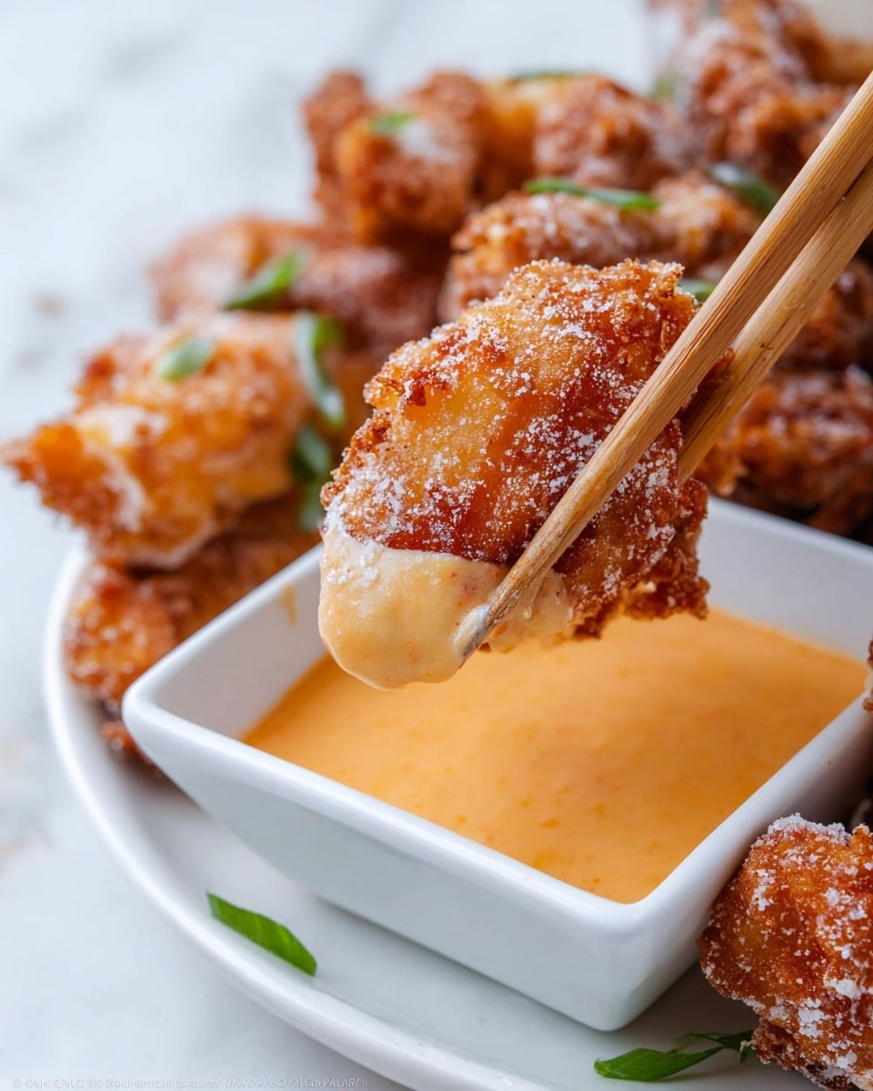A close-up of a golden brown, crispy fried chicken piece coated in a light dusting of white flour, held by wooden chopsticks dipping into a small white square bowl filled with smooth, creamy orange dipping sauce. The white round plate underneath holds several more crunchy fried chicken pieces with some green garnish visible around the edges. The whole scene is set against a white marbled texture. photo taken with an iphone --ar 4:5 --v 7