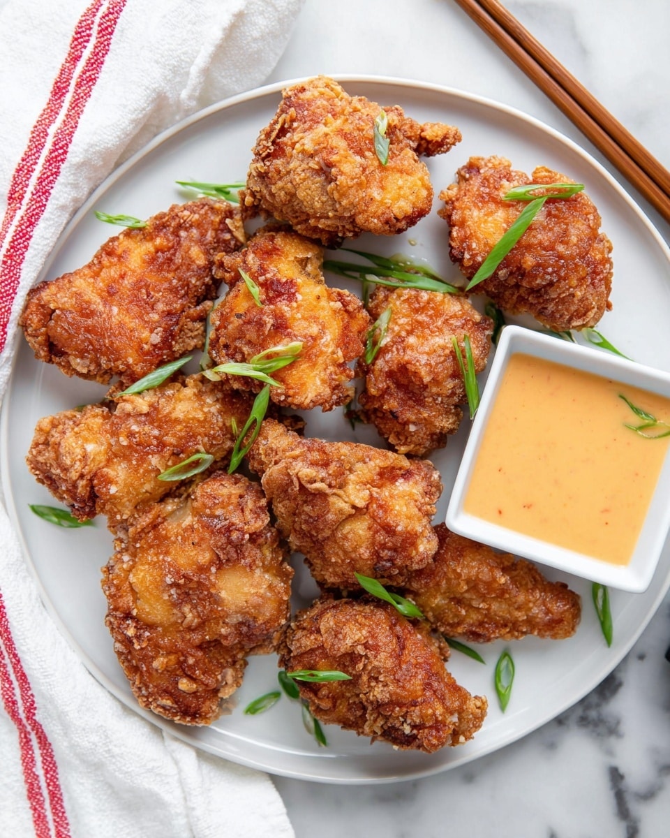 A white plate holds nine pieces of crispy fried chicken, each with a golden brown crust that looks crunchy and a little uneven. The chicken pieces are scattered with thin slices of bright green scallions on top and between them. On the right side of the plate, there is a small white square dish filled with a smooth, pale orange dipping sauce. The background shows a white marbled surface, with a white cloth with thin red stripes visible in the top left corner and wooden chopsticks near the top right. Photo taken with an iphone --ar 4:5 --v 7