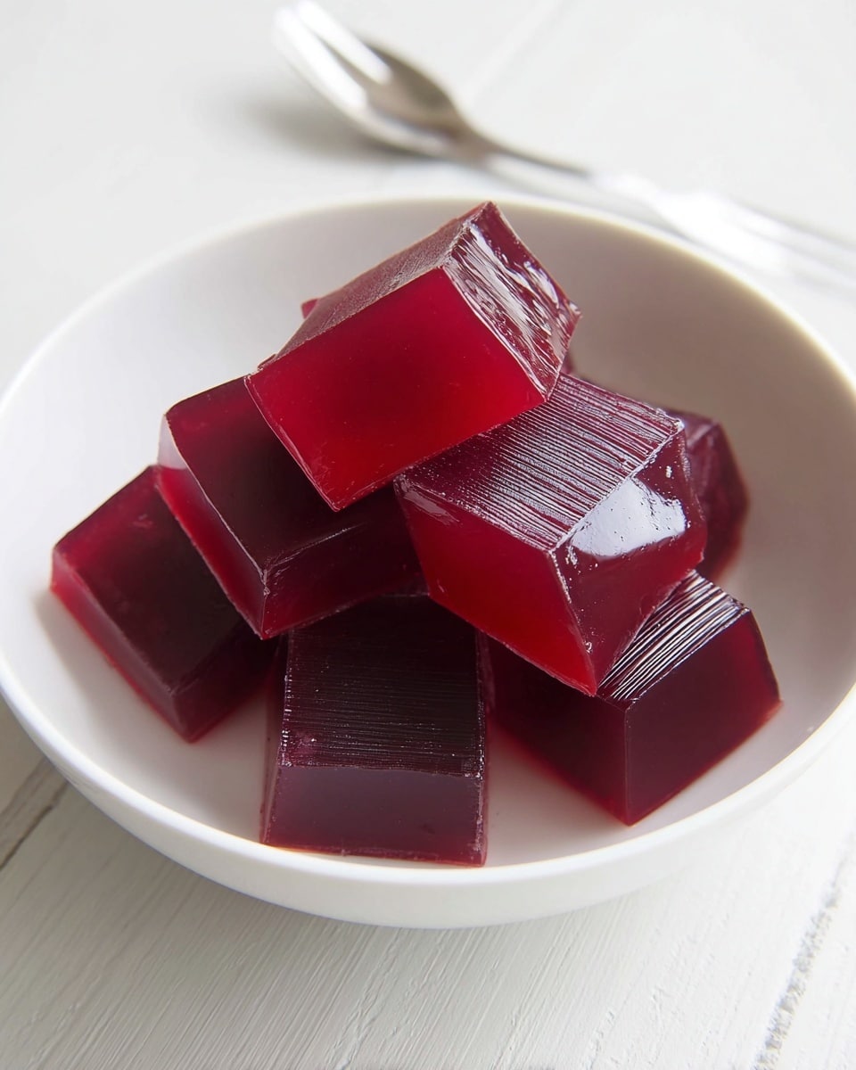 A white bowl filled with several deep red jelly cubes, each cube smooth and shiny on top with some showing fine, horizontal textured lines on their sides. The cubes are stacked unevenly inside the bowl, giving a sense of depth and volume. The bowl rests on a white marbled textured surface, and a silver fork is placed above the bowl, slightly out of focus. photo taken with an iphone --ar 4:5 --v 7