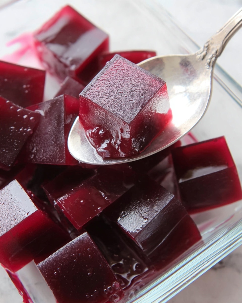 The image shows several small, dark red jelly cubes with smooth surfaces and slight shine. Most cubes are evenly cut with straight edges, while a few have a slightly bubbly texture on one side. The cubes sit in a clear glass dish on a white marbled surface. A silver spoon is scooping up three jelly cubes, the spoon's shiny metal reflecting the deep red color of the jelly. photo taken with an iphone --ar 4:5 --v 7