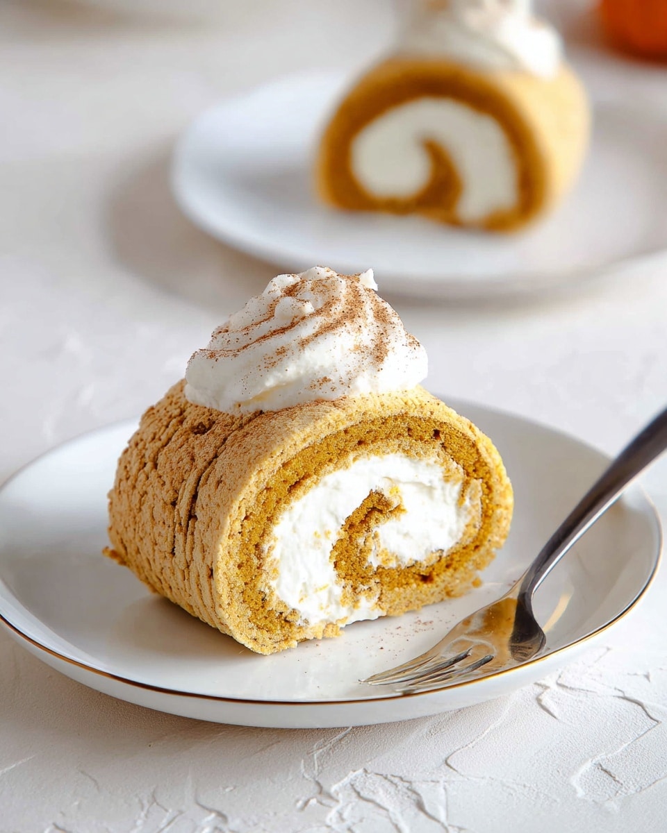 A close-up of a pumpkin roll slice sitting on a white plate with a thin gold rim, placed on a white marbled textured surface. The roll has three visible layers: a light orange-brown cake layer rolled around a thick white cream cheese filling, forming a swirl pattern in the center. On top of the slice is a dollop of white whipped cream sprinkled lightly with cinnamon powder. In the background, a second slice of the same roll is blurred on another white plate, and a silver fork lies in front of the main plate. The overall look is soft with natural lighting, focusing on the texture and swirl of the dessert. photo taken with an iphone --ar 4:5 --v 7
