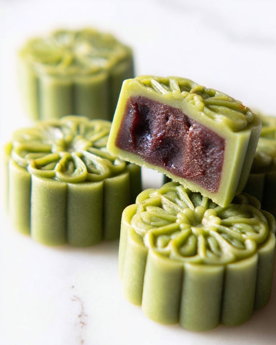 Matcha Snow Skin Mooncakes with Red Bean Yokan Filling Recipe