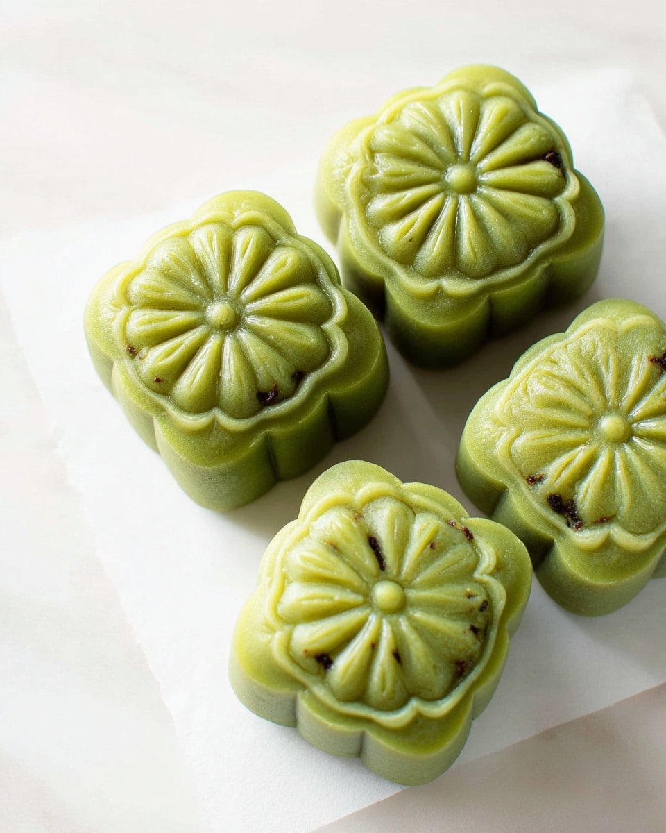 Four green mooncakes sit arranged on white paper over a white marbled surface. Each mooncake is square with rounded edges and has a detailed flower pattern engraved on top, featuring petal-like shapes radiating from a small circle in the center. The green outer layer is smooth and slightly shiny, hinting at a soft texture, with some dark spots showing through, suggesting a filling inside. The overall color palette is light green with subtle shadows that highlight the curved details of the flower design. Photo taken with an iphone --ar 4:5 --v 7
