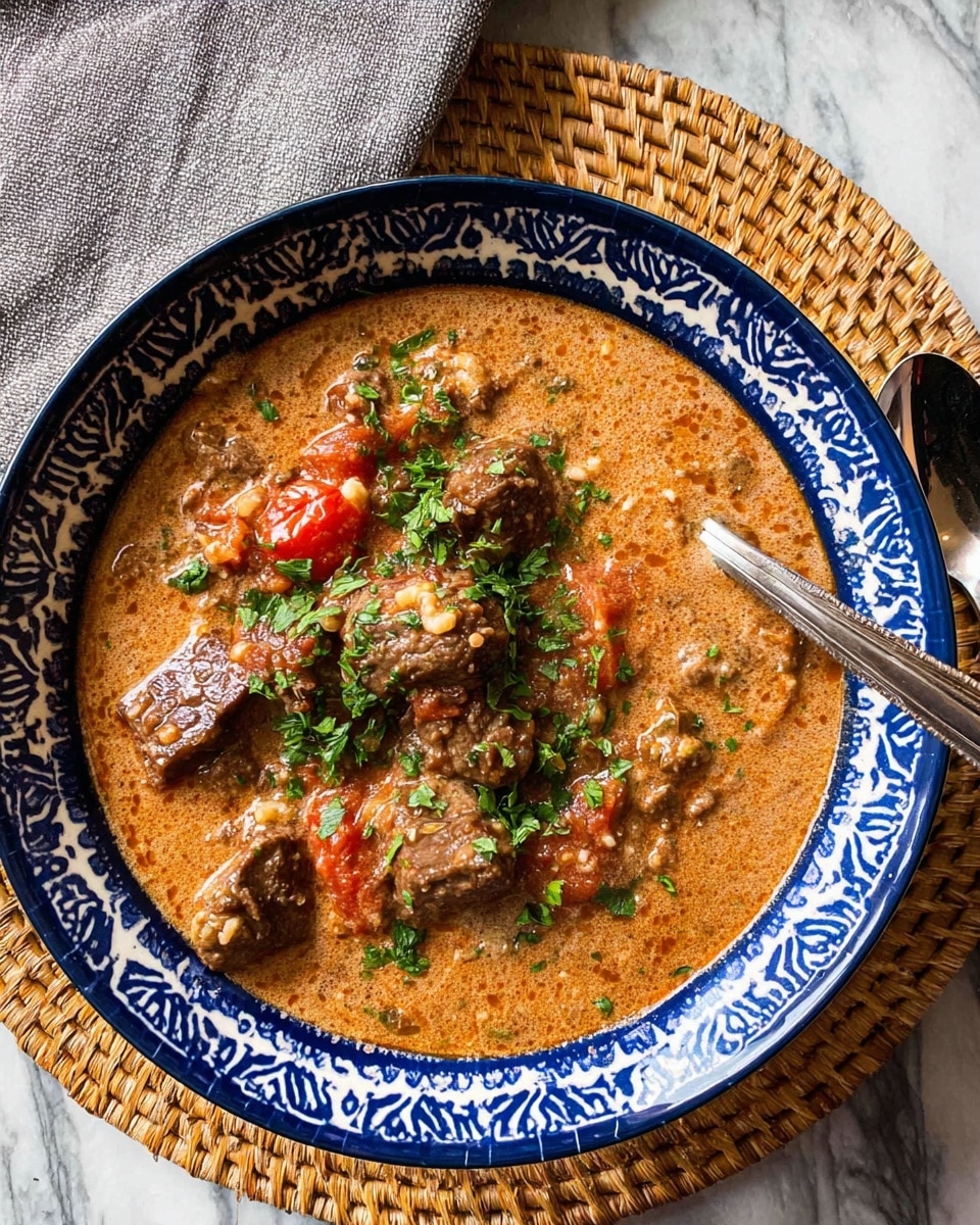 The image shows a thick stew served in a white bowl with a blue rim and decorative pattern inside. The stew has three main visible layers: a creamy brownish-red sauce with a smooth but chunky texture, several dark brown beef chunks scattered throughout, and pieces of red tomato. On top, fresh green herbs are sprinkled, adding a touch of color and freshness. The bowl rests on a woven mat over a white marbled surface, with a spoon and gray cloth napkin nearby. photo taken with an iphone --ar 4:5 --v 7