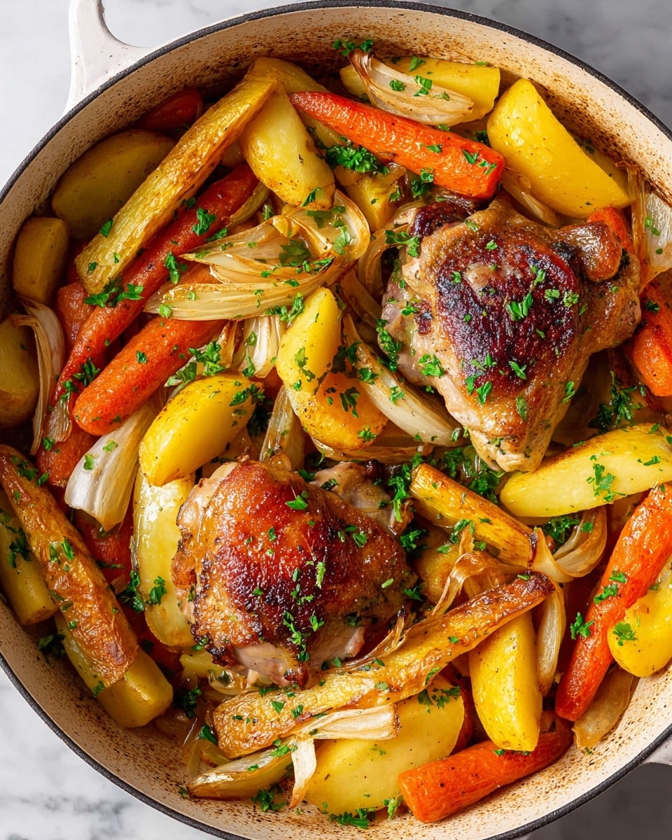 A round white enamel pot filled with two browned roast chicken thighs placed near the center on top of a bed of roasted vegetables, including yellow potato wedges, orange carrot sticks, light brown onion slices, and beige parsnip pieces; the vegetables have a slightly charred and caramelized texture, all sprinkled with chopped fresh green herbs for garnish. The pot rests on a white marbled surface. photo taken with an iphone --ar 4:5 --v 7