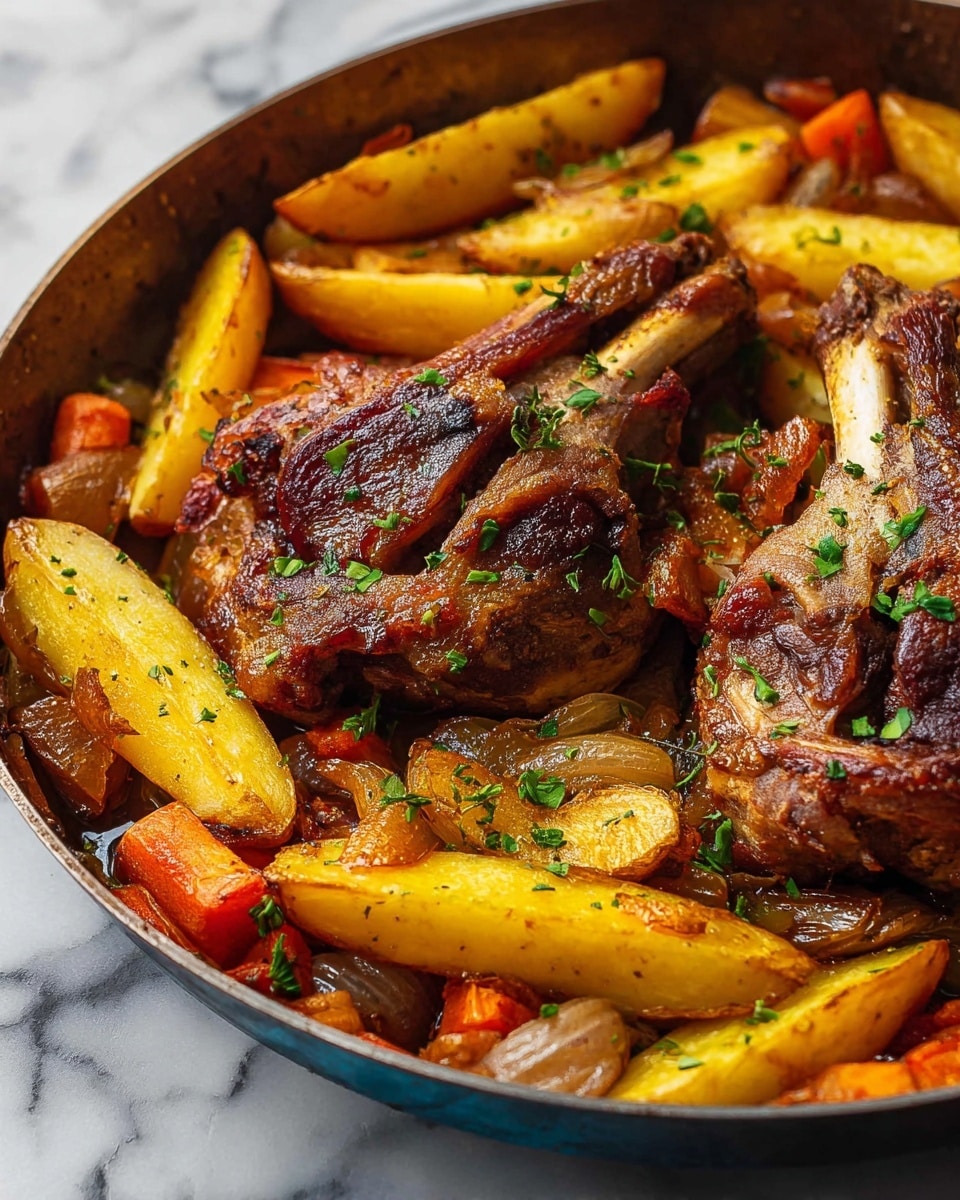 A close-up of a cooked dish in a round metal pan placed on a white marbled surface, featuring two large pieces of browned, roasted meat with crispy skin and garnished with small green herbs. Around the meat are golden-yellow potato wedges, slightly charred and mixed with orange carrot sticks and browned cubes of onion. The colors are warm and rich, showing a mix of textures from the crisp skin to the soft roasted vegetables, all arranged in a rustic, hearty presentation. photo taken with an iphone --ar 4:5 --v 7