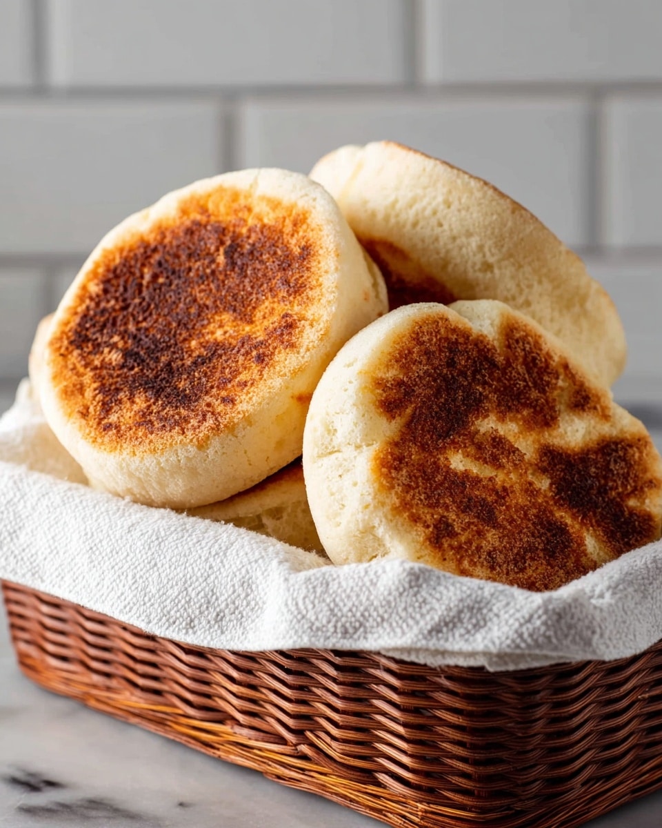 Four pieces of English muffins with a golden-brown toasted top layer, soft and pale beige sides, thick and round in shape, placed in a rectangular brown wicker basket lined with a white cloth. The texture of the muffins looks fluffy and slightly rough on top, smooth on the sides, and they are stacked close to each other. The basket sits on a surface with a white marbled texture and a light gray subway tile wall in the background. photo taken with an iphone --ar 4:5 --v 7