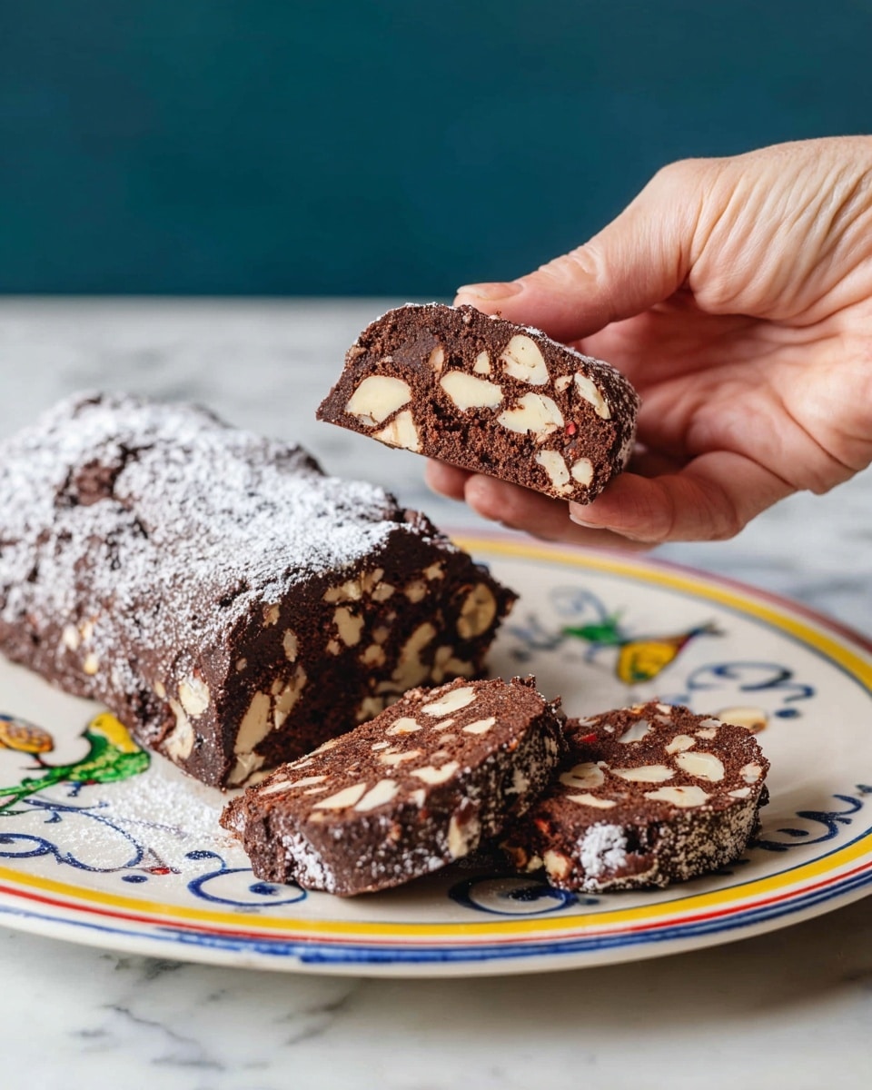 A dark brown chocolate biscuit cake shaped like a log sits on a white plate with blue and yellow swirl patterns and a small green and yellow bird illustration. The cake is dusted with a light layer of powdered sugar. Three round slices from the cake lie in the foreground, showing a dense and chunky texture with light beige biscuit pieces and some nuts embedded in the chocolate. A woman's hand holds a half-eaten piece of the cake above the log, highlighting the rough texture and mix of chocolate and biscuit inside. The background and surface are a white marbled texture. photo taken with an iphone --ar 4:5 --v 7