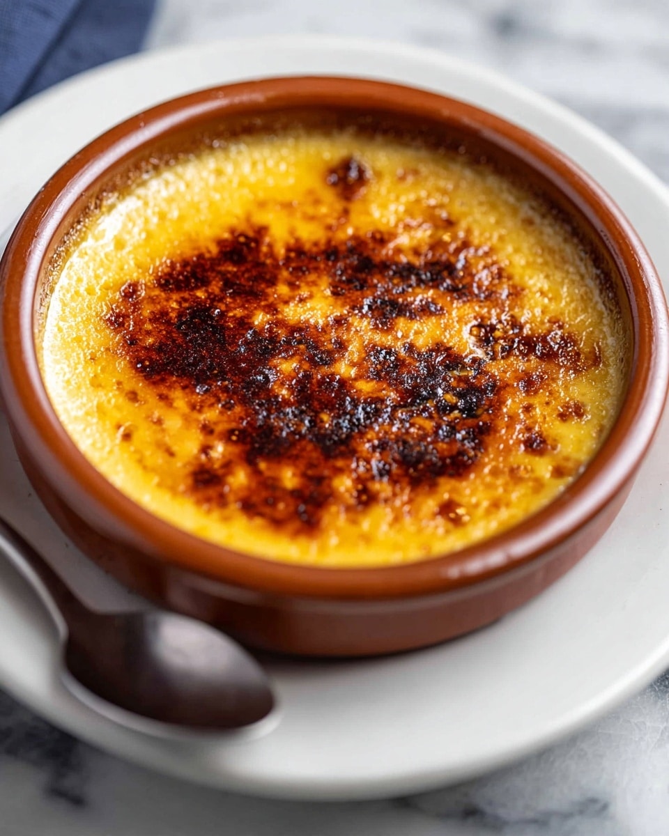A close-up view of a creamy dessert with a smooth yellow base and a burnt, caramelized brown sugar top layer that is slightly uneven with some darker spots. It is served in a single shallow round brown ceramic dish placed on a white plate with a silver spoon resting beside it. The whole scene sits on a white marbled surface. Photo taken with an iphone --ar 4:5 --v 7