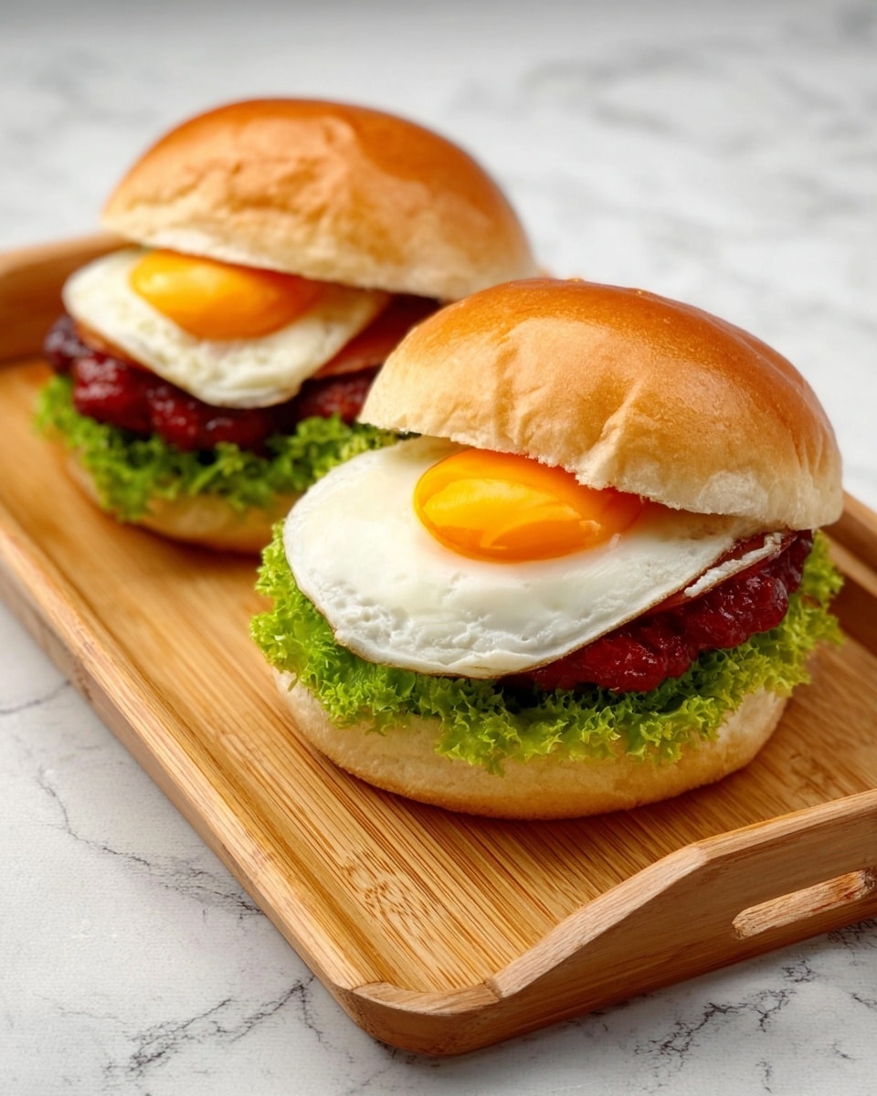 Two burgers sit on a light wood tray with handles, placed on a white marbled surface. Each burger has a shiny, soft top bun, under which is a layer of bright green lettuce. Below the lettuce is a thick, reddish-brown cooked patty. On top of each patty is a sunny-side-up fried egg with a bright orange yolk and white edges, visible above the lettuce. The bottom bun is a smooth, light tan color. The tray and burgers are well lit, showing shiny textures on the buns and eggs. Photo taken with an iphone --ar 4:5 --v 7