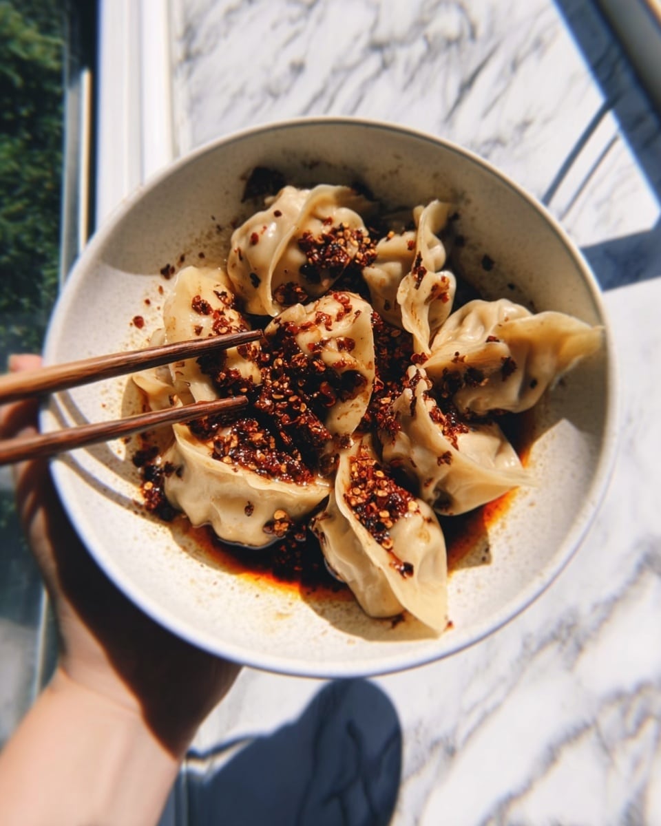 The image shows a white bowl filled with several dumplings that are light brown and have a slightly crispy texture. The dumplings are arranged in a circle inside the bowl. They are topped with red chili flakes and a bit of dark sauce that looks oily and spicy. A woman's hand is holding the bowl, and wooden chopsticks are picking up one dumpling on the left side. The background has a white marbled texture with sunlight shining, creating a bright and fresh look. photo taken with an iphone --ar 4:5 --v 7