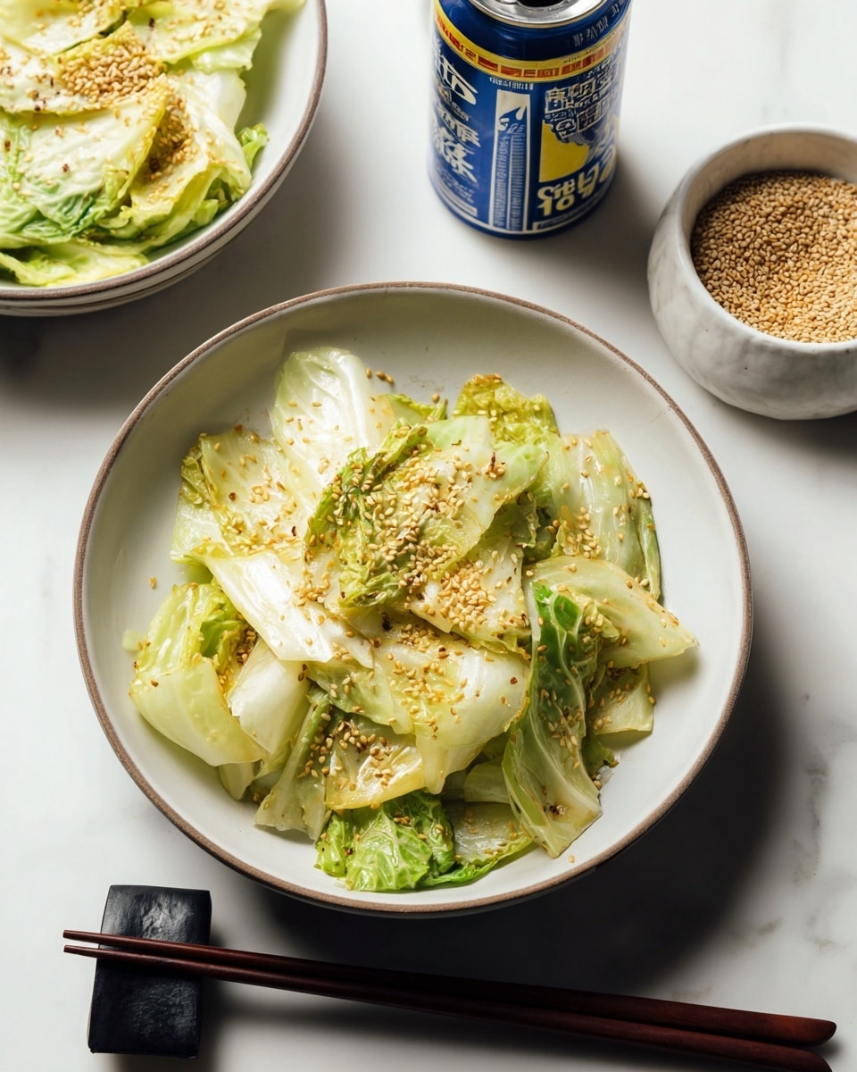 A white bowl filled with a layered dish of light green and pale yellow cabbage leaves, with visible oil giving them a shiny texture, sprinkled generously with golden sesame seeds on top, sitting on a white marbled surface. To the top right, there’s a small white bowl filled with more sesame seeds, and just above that, a can with blue, white, and yellow details. Black chopsticks with dark brown handles rest on a small black chopstick holder at the bottom of the bowl. Another bowl with the same cabbage dish is partially visible on the top left. Photo taken with an iphone --ar 4:5 --v 7
