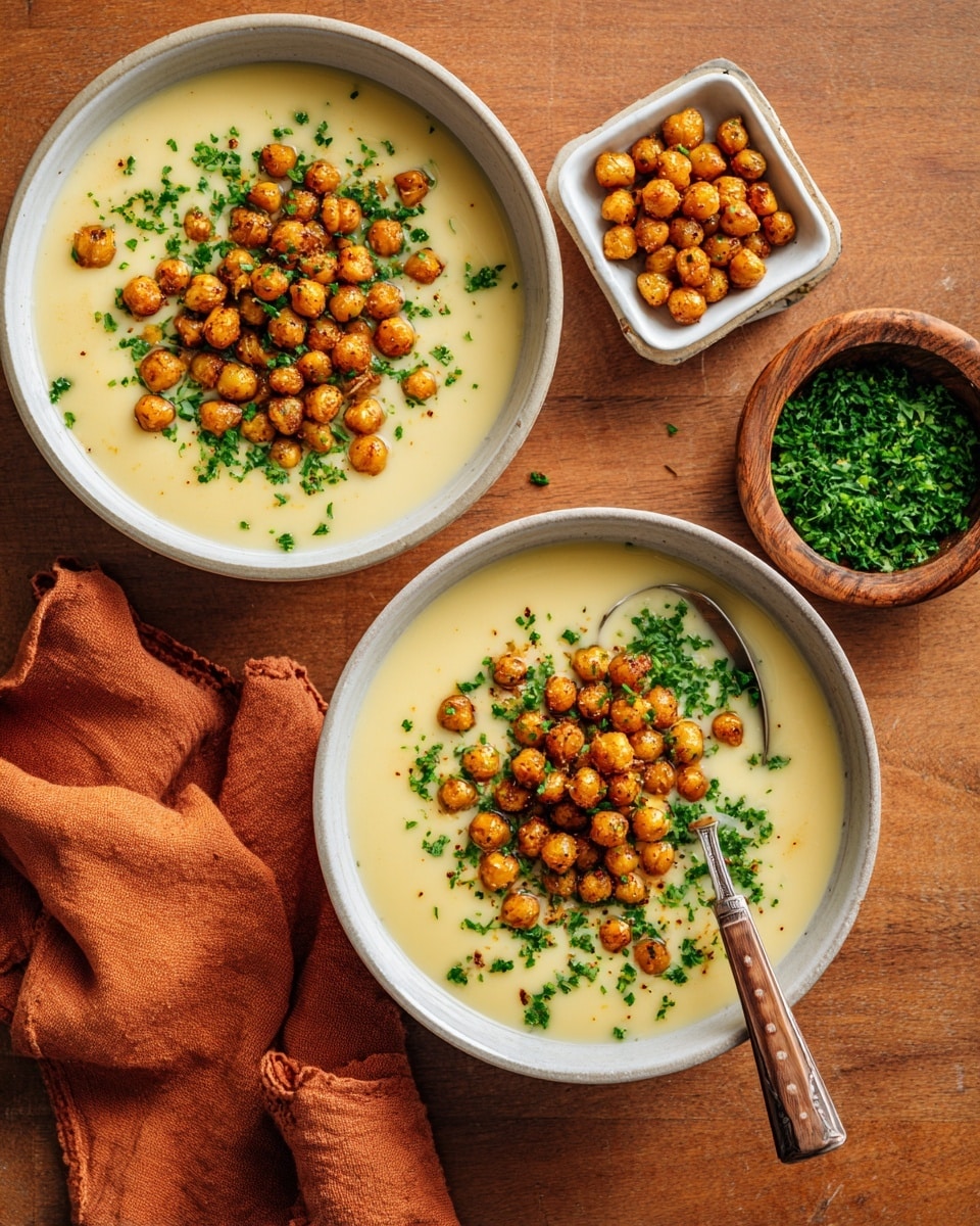 Two white bowls filled with smooth, creamy light yellow soup, each topped with a generous handful of golden-brown roasted chickpeas and sprinkled with bright green chopped parsley. One bowl has a wooden spoon with a metal handle dipped into the soup, resting on the right side. Nearby, there is a small white square dish holding more roasted chickpeas, and a small wooden bowl filled with chopped green herbs sits near the top right of the image. The bowls and dishes are all placed on a warm wooden surface with a folded orange cloth nearby. Photo taken with an iphone --ar 4:5 --v 7