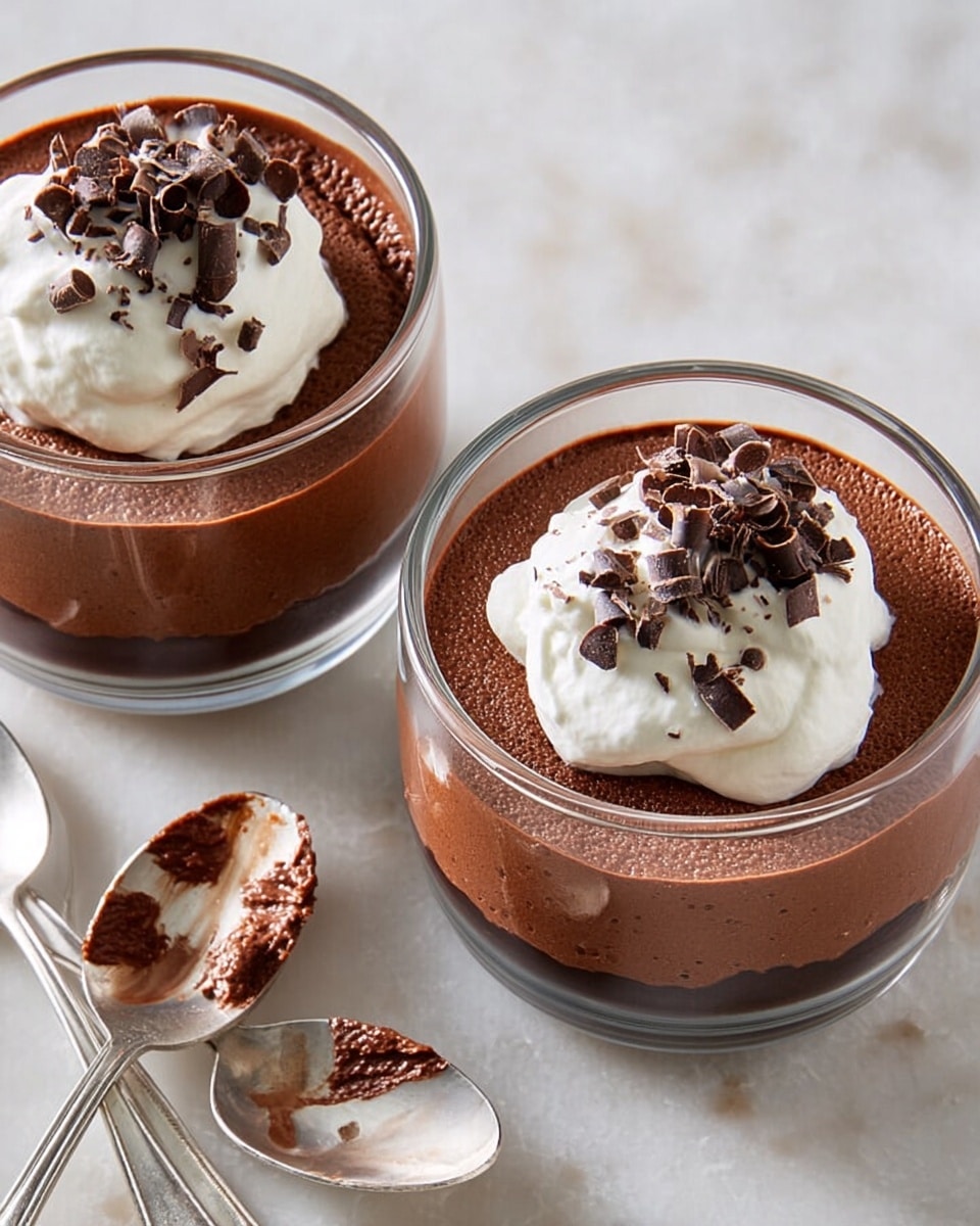 Two clear glass bowls each hold a dessert with three layers. The bottom layer is thick and dark brown chocolate mousse with a smooth texture. The middle layer is a dollop of white whipped cream placed on top of the mousse, slightly melting into it. The whipped cream is decorated with small curled pieces of dark chocolate scattered around on top. Both bowls sit on a white marbled surface with two silver spoons beside them, one clean and the other with chocolate mousse and cream residue. photo taken with an iphone --ar 4:5 --v 7