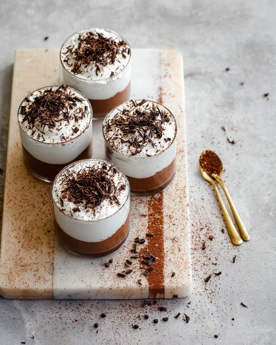 Four small clear glasses are filled with two visible layers: a bottom layer of smooth, dark brown chocolate mousse and a top layer of fluffy white whipped cream. Each glass has a generous sprinkling of dark chocolate shavings and cocoa powder on the top, adding texture. Three glasses are placed closely together on a rectangular beige stone cutting board with subtle black specks and a white stripe. The fourth glass sits on the white marbled surface nearby, surrounded by scattered chocolate shavings. A golden spoon with some cocoa powder on it lies beside this glass, resting on the white marbled texture. Photo taken with an iphone --ar 4:5 --v 7