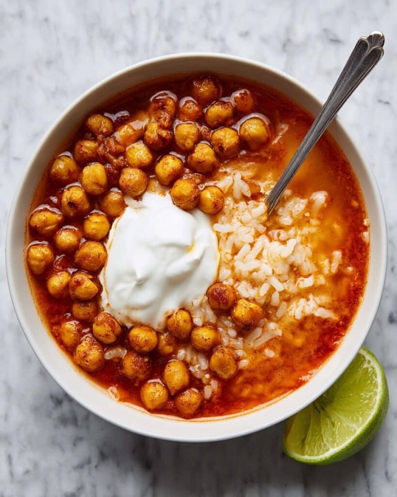Chickpea Tomato-Rice Soup with Crispy Spiced Chickpeas and Lime Recipe