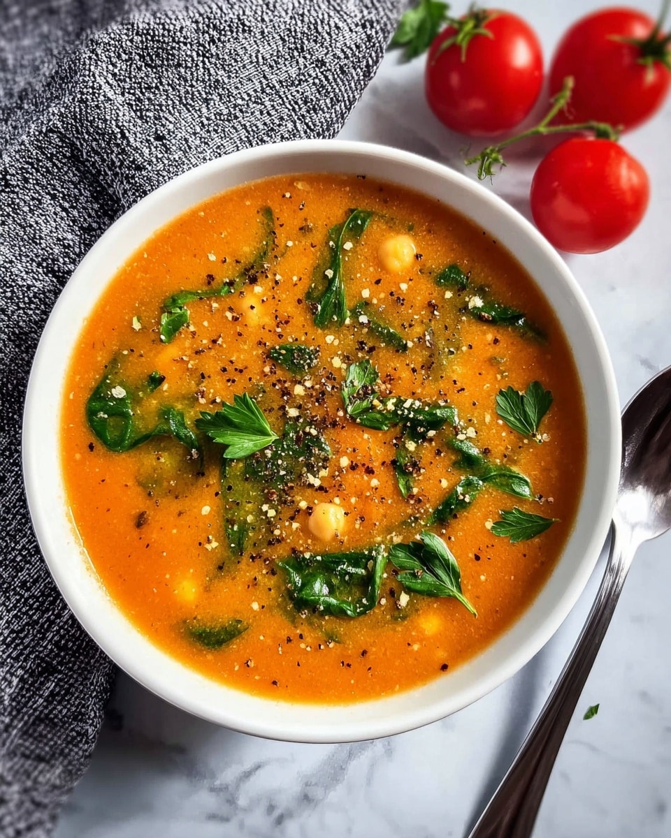 A white bowl filled with a thick orange soup that has visible small chickpeas and bright green spinach leaves scattered throughout the surface, topped with a sprinkling of black pepper and small green parsley leaves; the bowl is placed on a white marbled surface with a folded gray textured cloth to the left and two red tomatoes with green stems to the right next to a shiny silver spoon. photo taken with an iphone --ar 4:5 --v 7